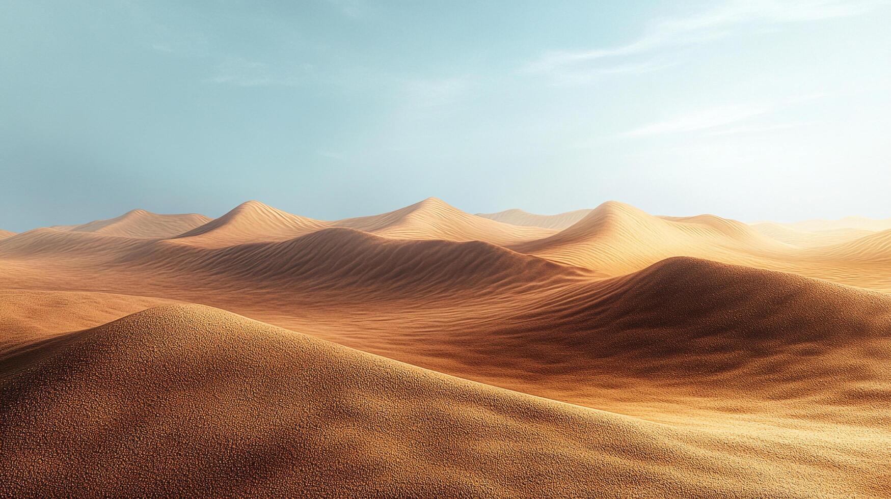 Sand dunes stretch into the distance under a soft blue sky. The warm tones of the sand create a serene and desolate landscape. photo