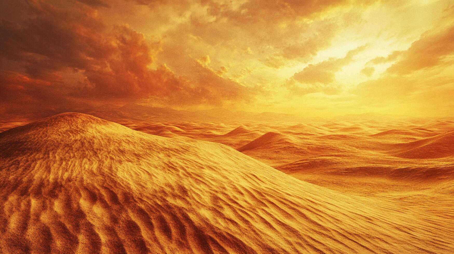 Endless golden sand dunes stretch towards a fiery sunset, creating a breathtaking desert landscape under a sky filled with dramatic clouds. photo