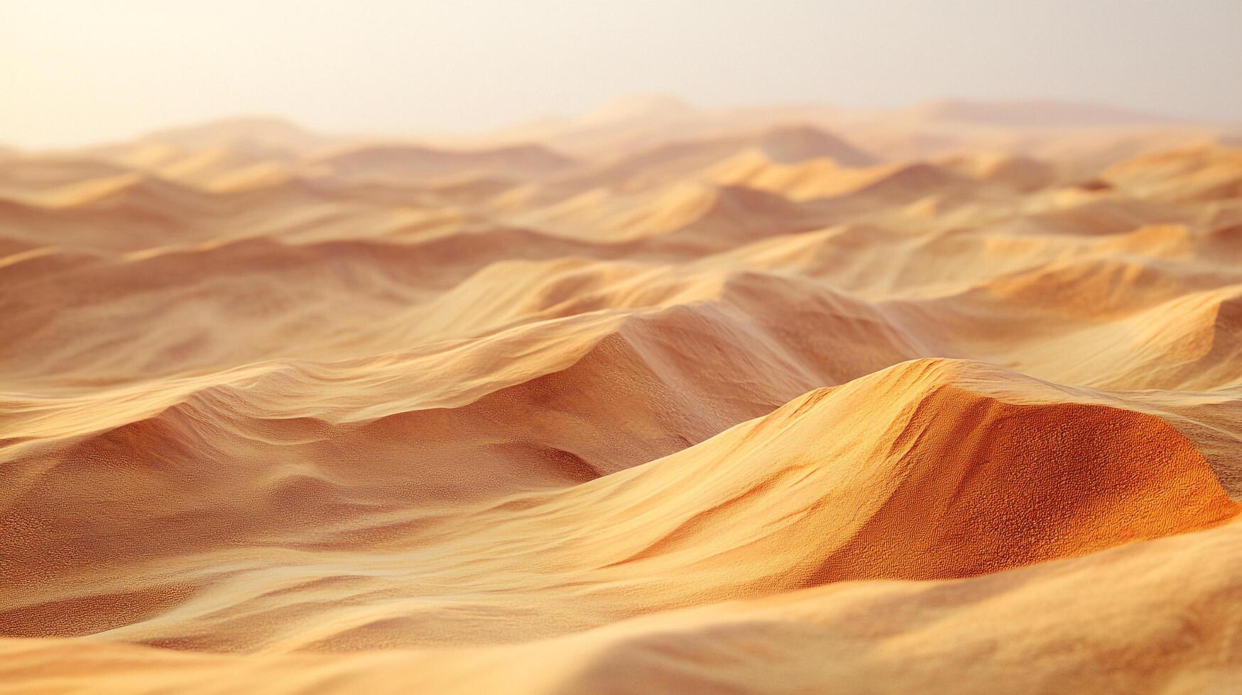 Golden sand dunes create an expansive desert landscape under a soft, diffused sunlight. Gentle, rolling hills stretch to the horizon. photo