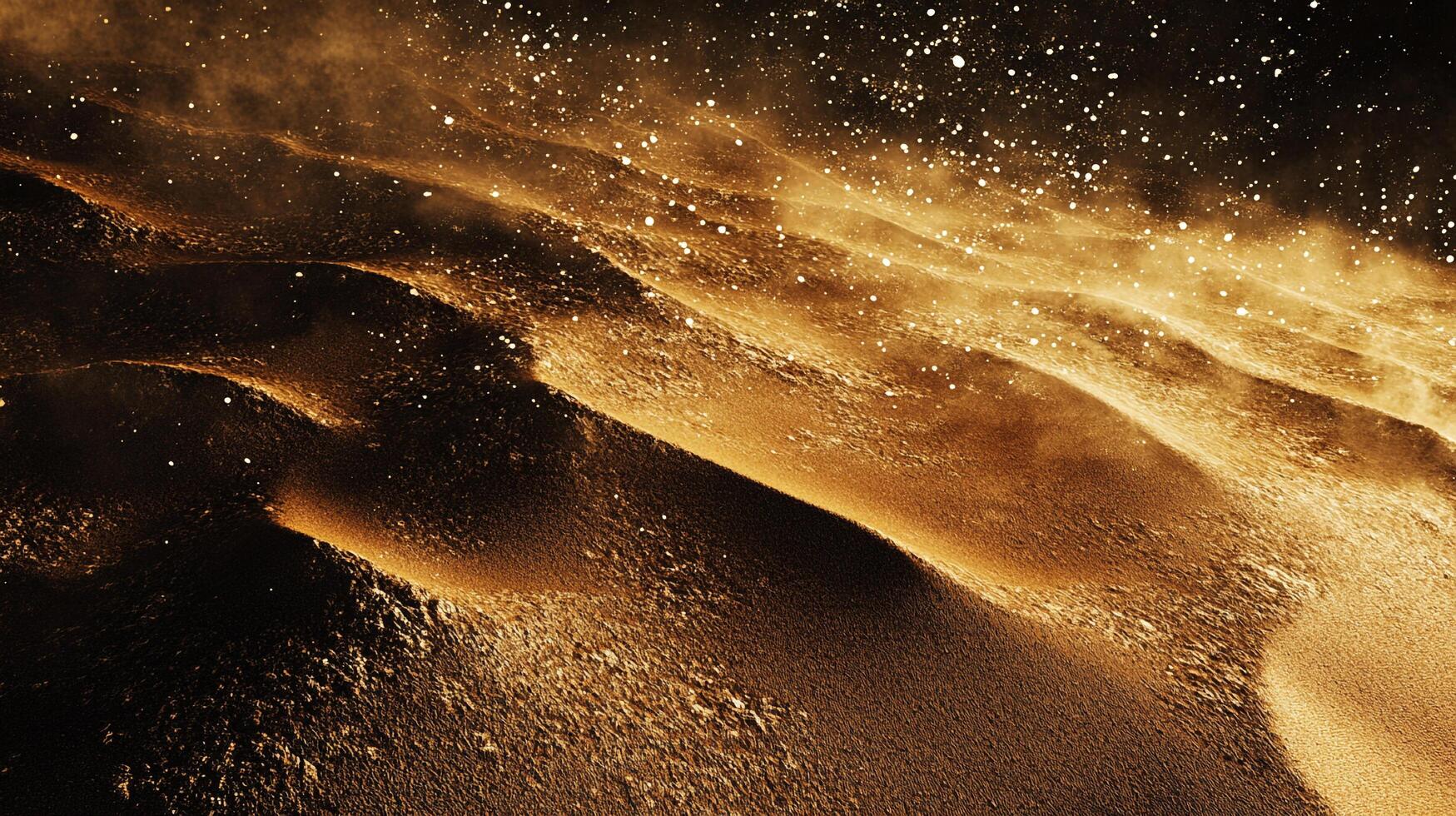 Golden sand dunes shimmer under a dark sky speckled with starlight, creating a serene and ethereal desert landscape at twilight. photo