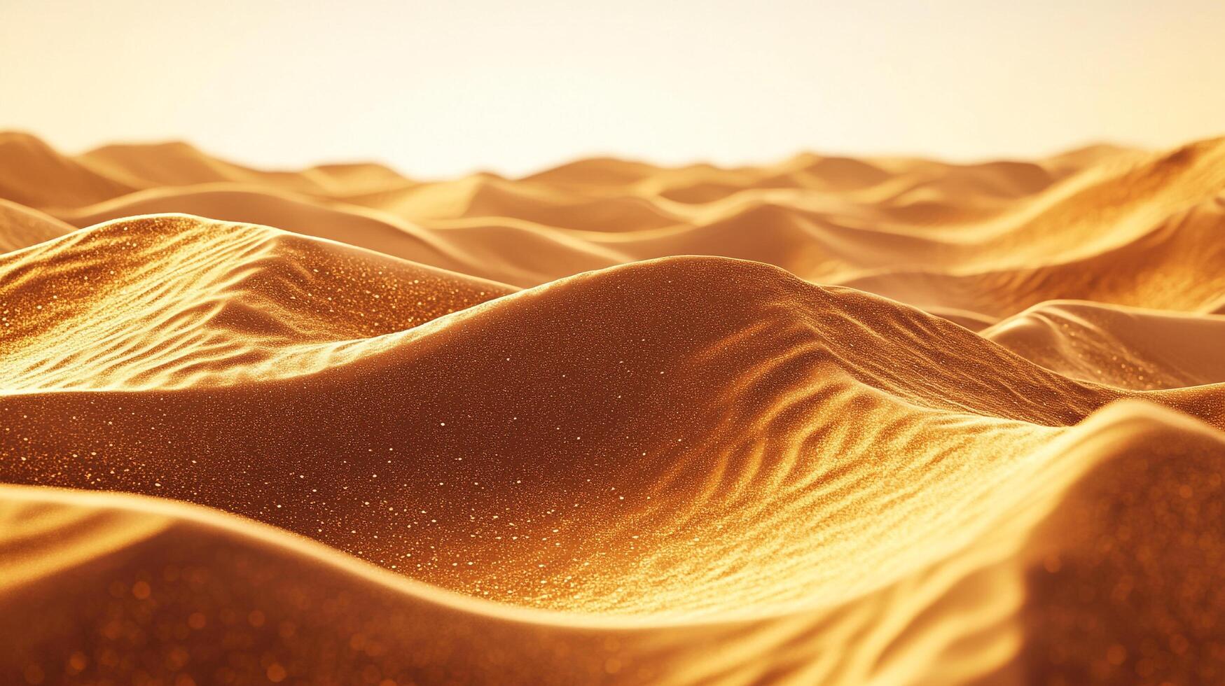 Golden desert landscape with rolling sand dunes under a bright sky, casting shadows that define the undulating terrain. photo