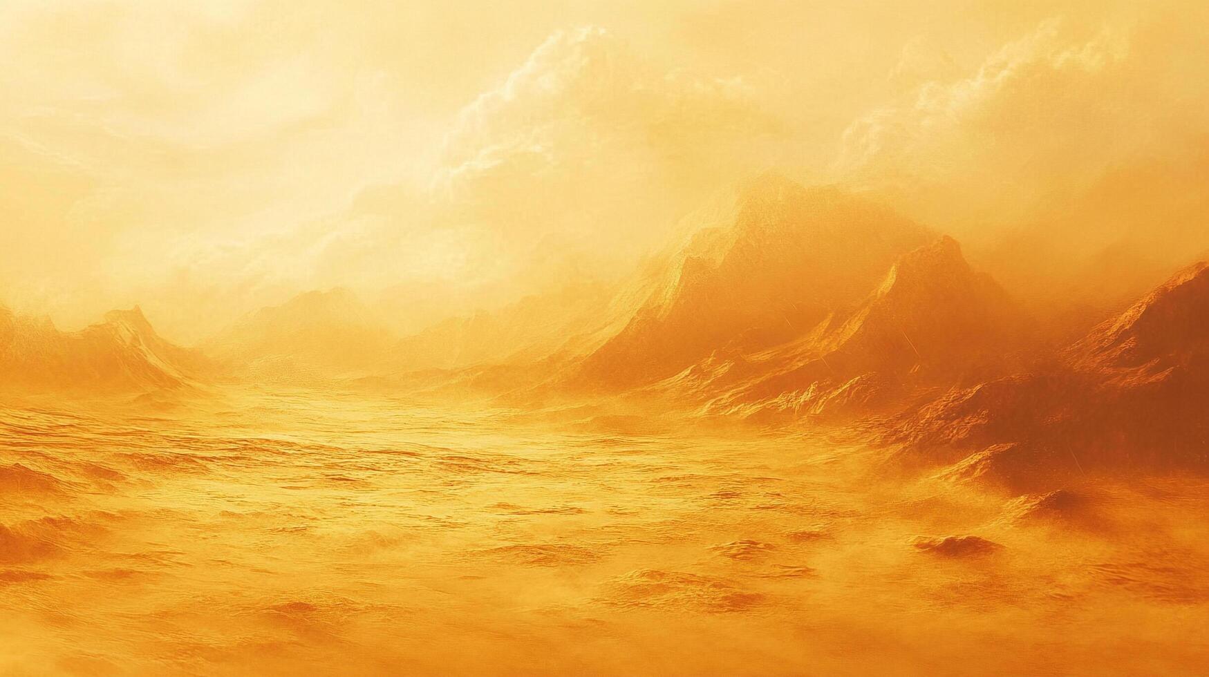 Vast, orange-hued landscape with mountainous formations obscured by a hazy atmosphere, evoking a sense of desolate beauty and otherworldly charm. photo