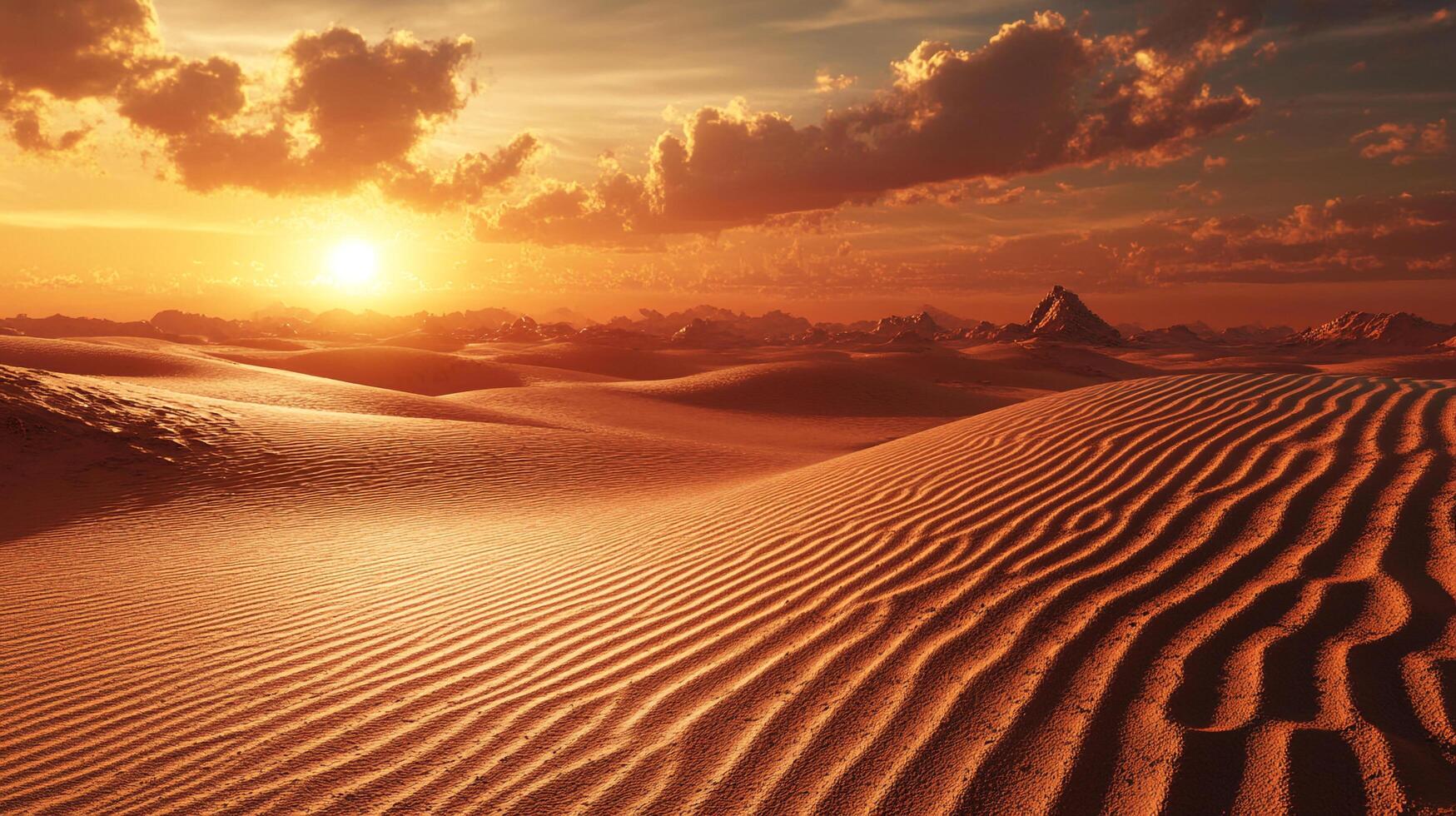 Golden desert landscape with textured sand dunes and a warm sunset. Calm, vast and inspiring nature scenery in warm hues. photo