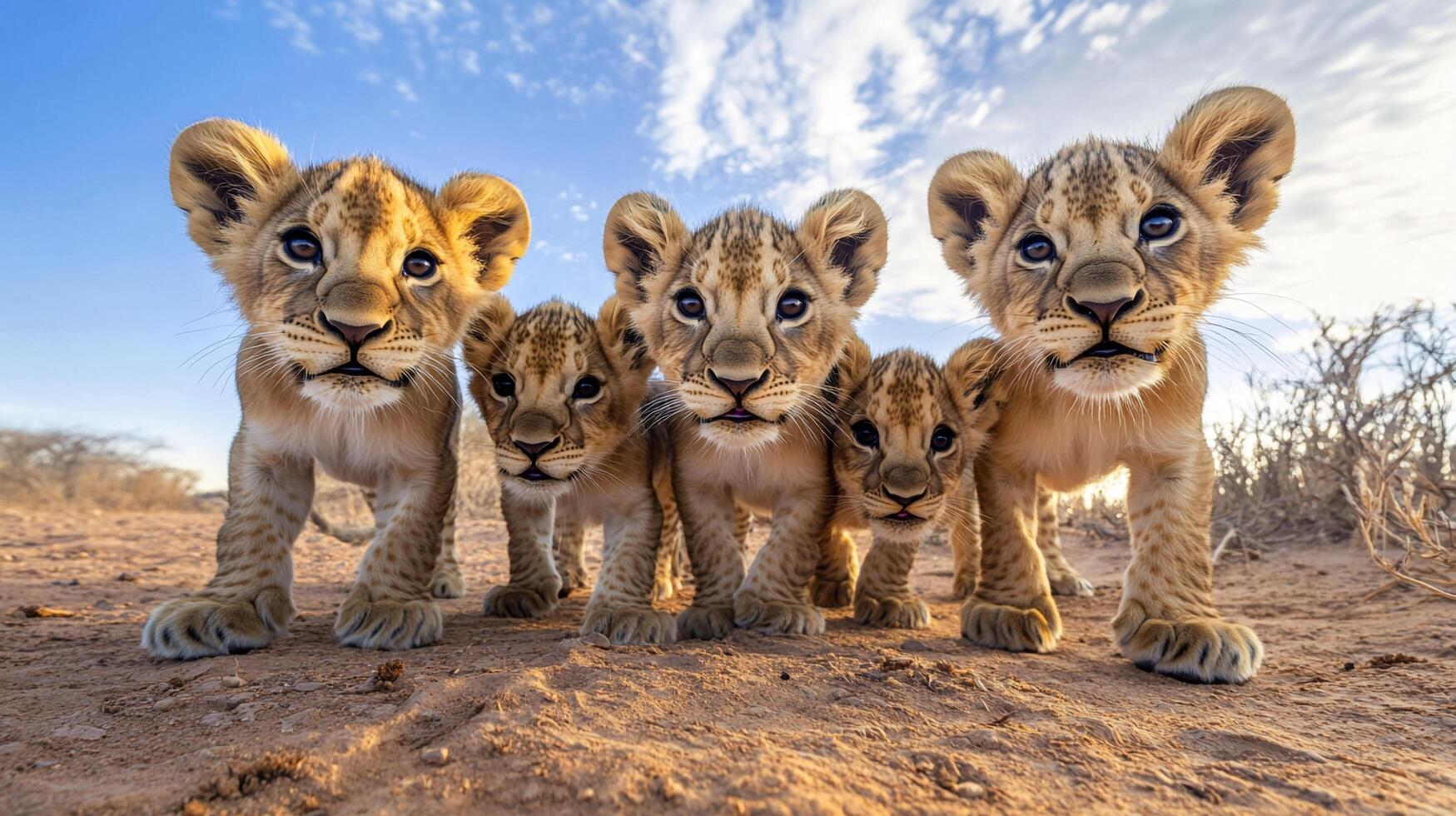 Five adorable lion cubs stand together in a dirt field under a beautiful sky, exhibiting their youthful charm and familial bond. photo