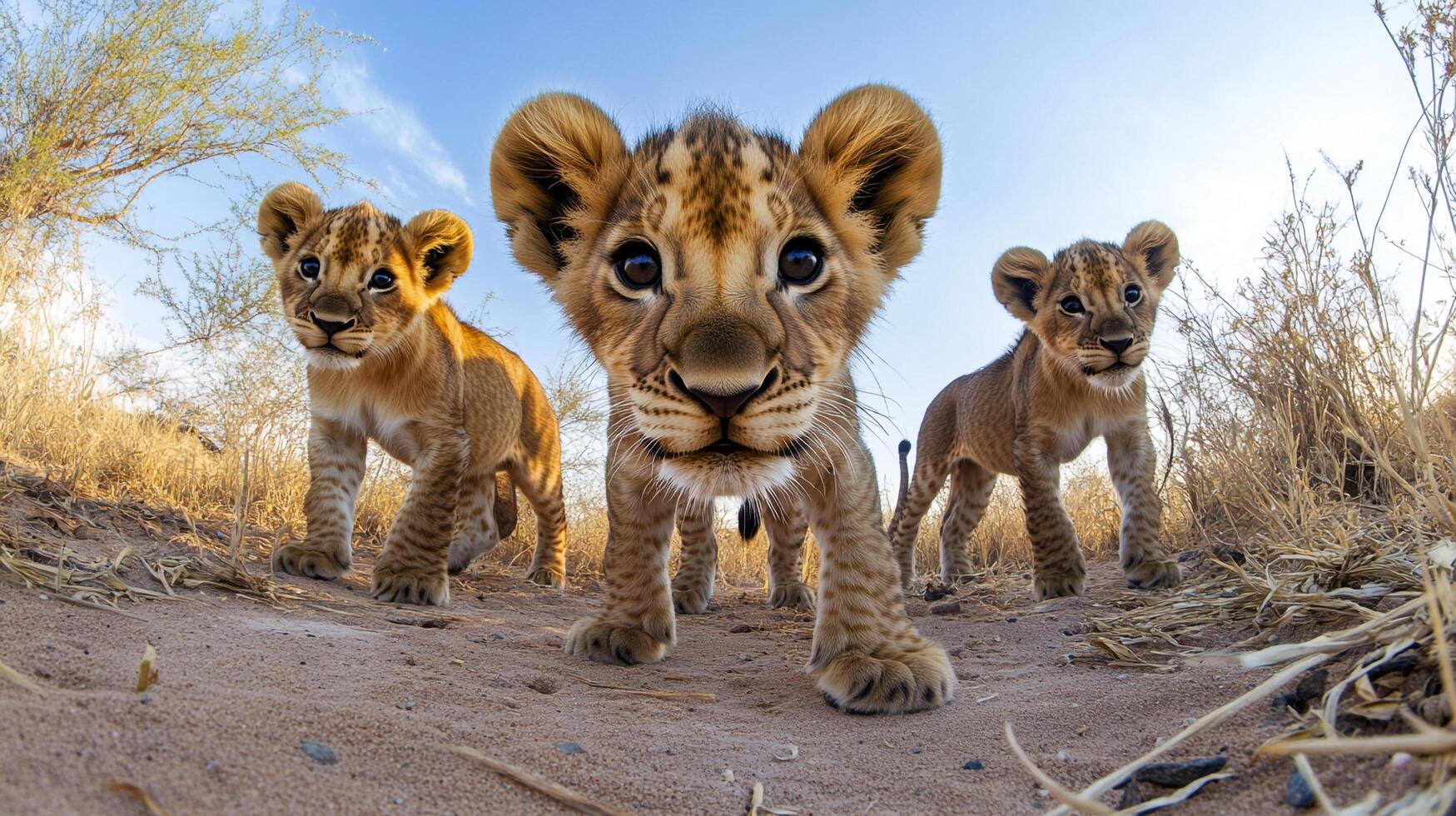 Three lion cubs explore their savanna habitat, their innocent eyes full of curiosity as they venture into the vast wilderness together. photo