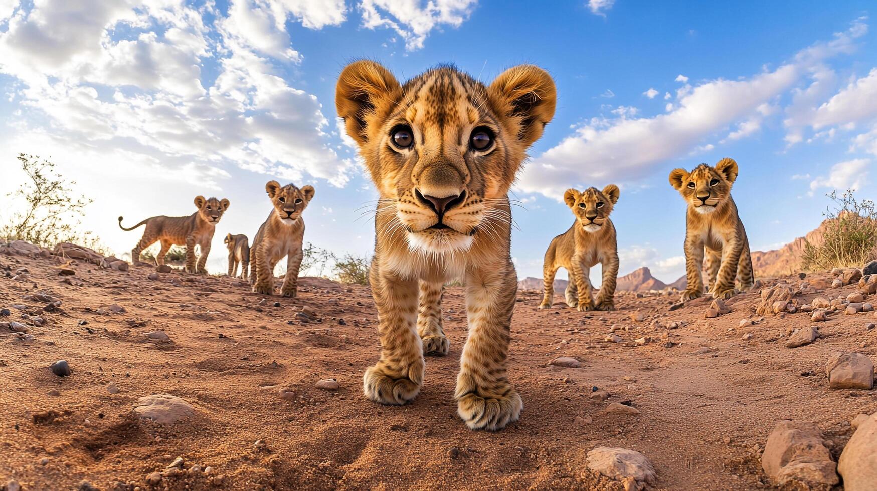A gaggle of lion cubs stares intensely at the camera in a playful manner, under a partly cloudy sky in their natural habitat. photo