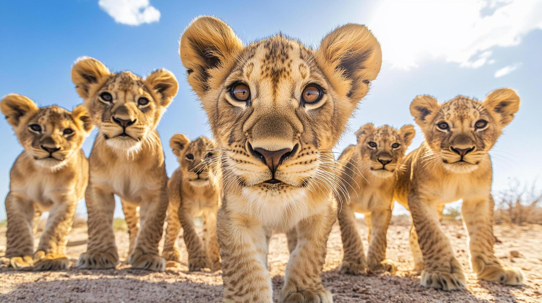 A close-up of curious lion cubs, with their playful eyes and furry faces capturing hearts against a bright blue sky backdrop. photo