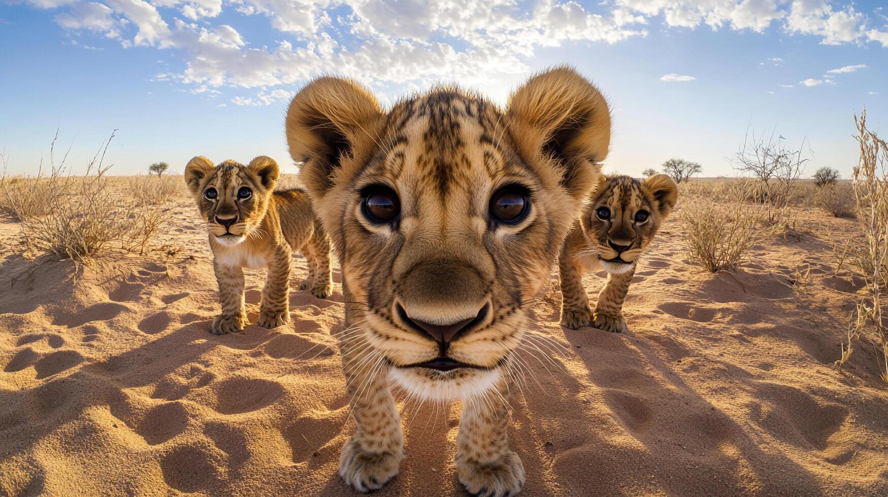 Three adorable lion cubs explore their natural habitat, the golden sands of the African savanna, under a beautiful sky. photo