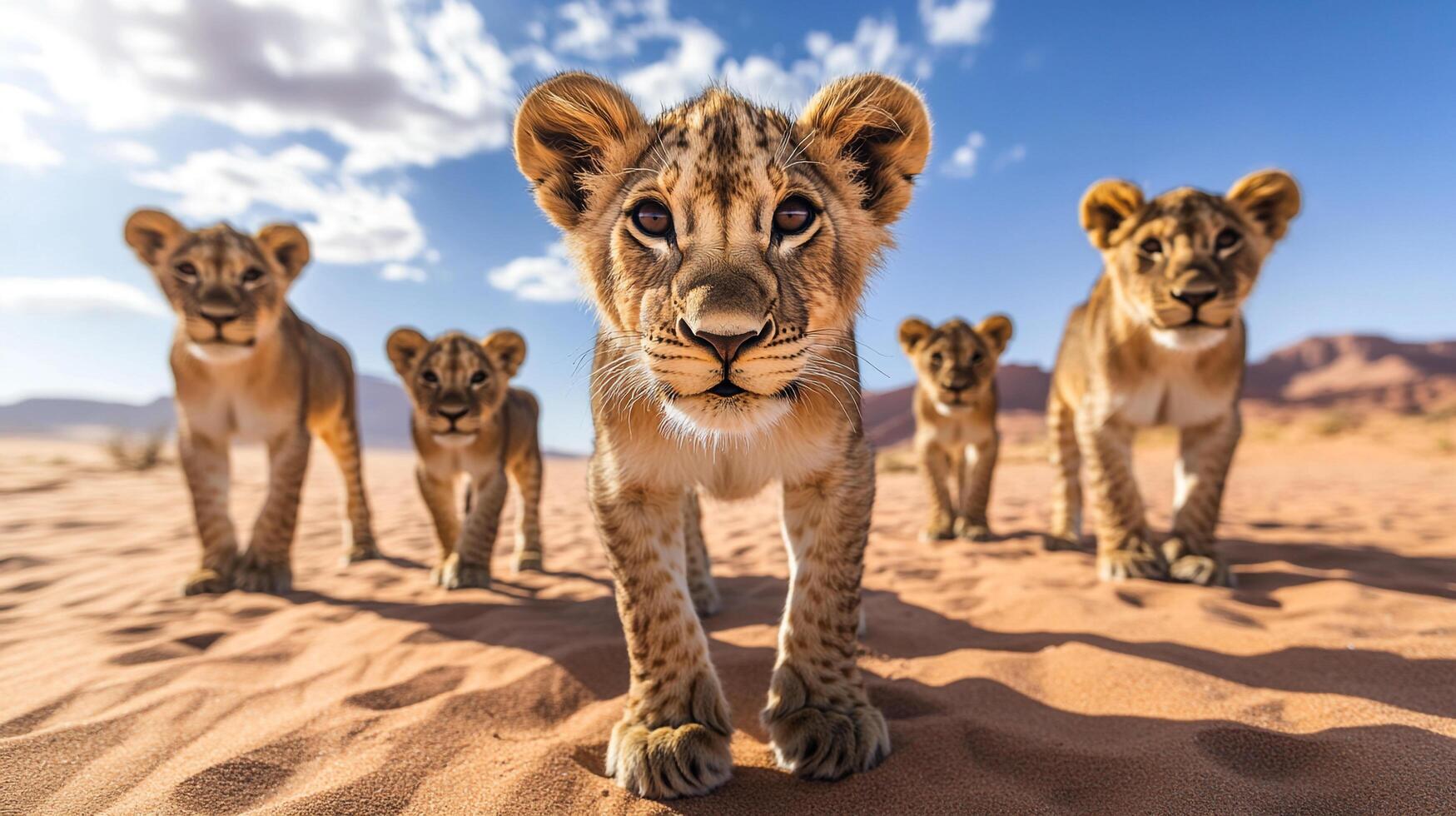 A pride of lion cubs traverses a sandy landscape, their curious eyes scanning the horizon beneath a clear blue sky. photo