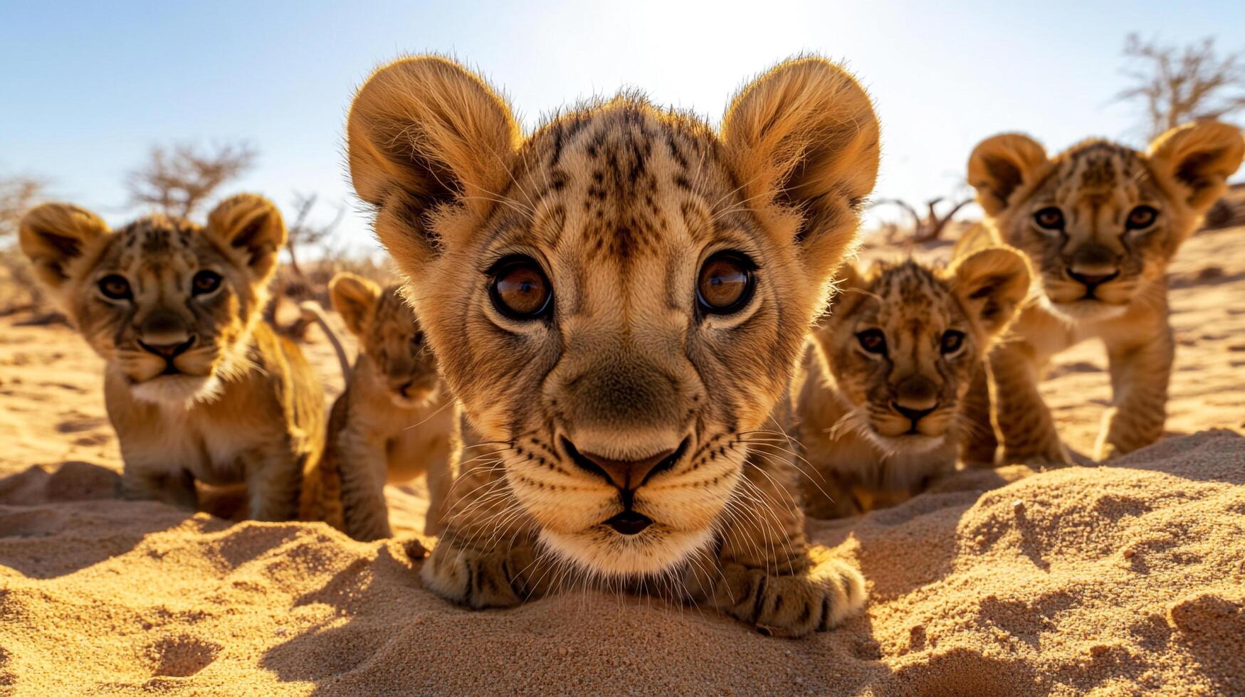 A group of young lion cubs congregate in the sandy African plains, their playful eyes staring directly ahead with inquisitive expressions. photo