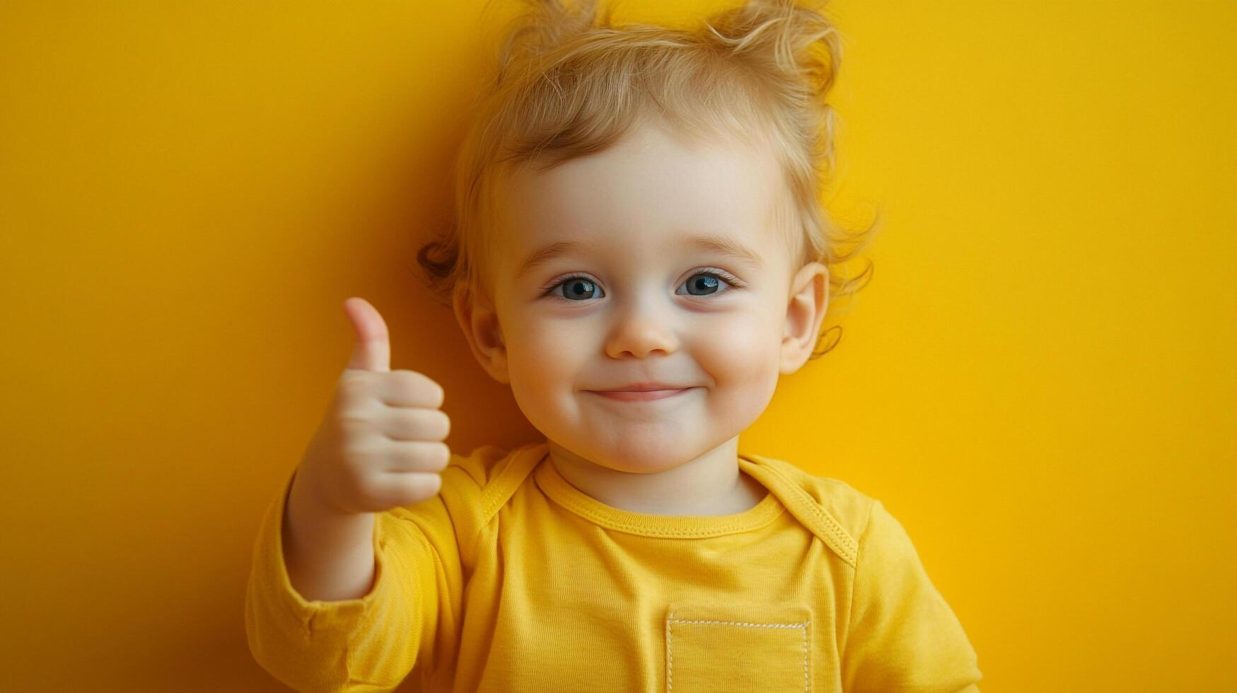 Adorable baby gives a thumbs up, radiating pure joy and positivity against a bright yellow backdrop. Happiness captured in a single gesture. photo