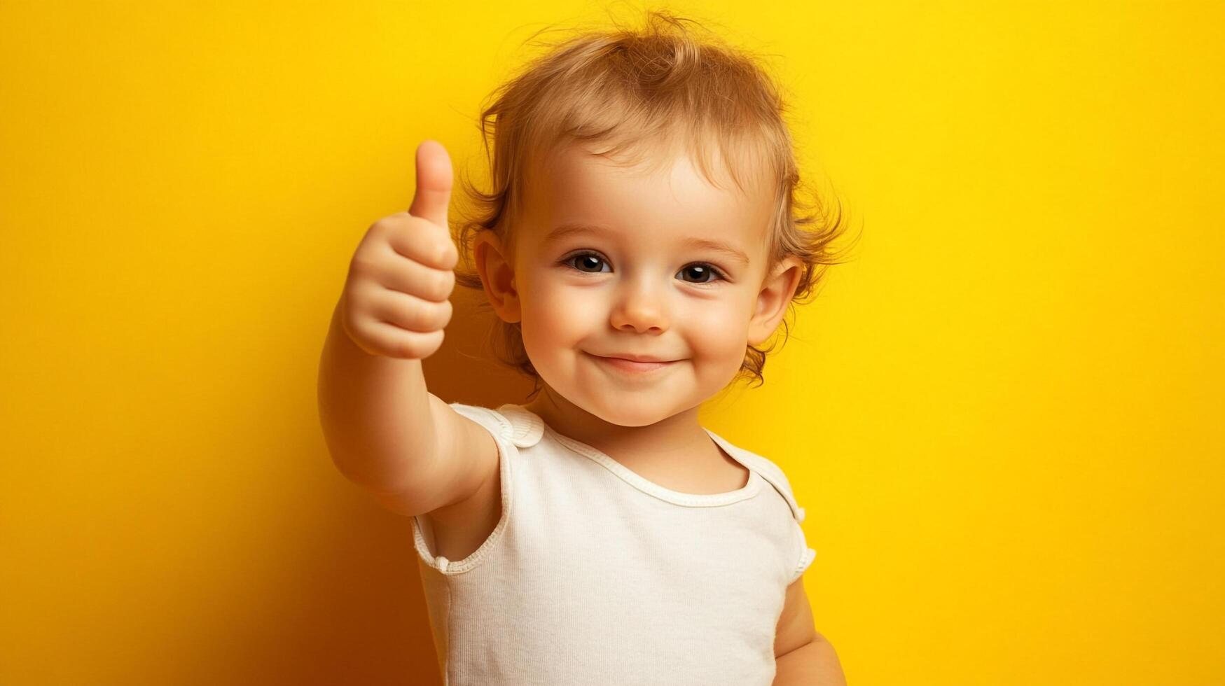 Cheerful baby with a bright smile gives a thumbs-up gesture against a vibrant yellow background. Optimism, positivity, and approval shine through. photo