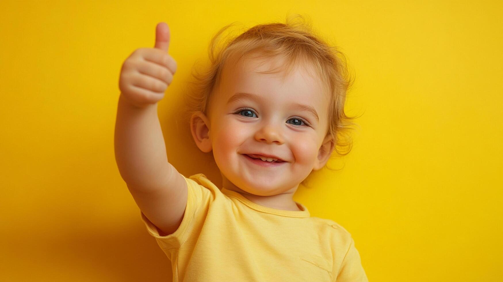 Happy toddler gives a thumbs up on vibrant yellow backdrop. Expressive child with curly hair and cheerful smile conveys positivity. photo