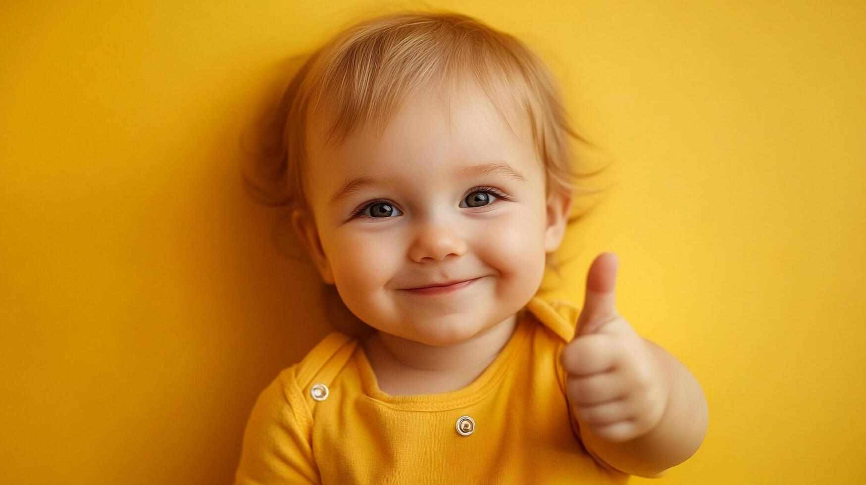Adorable toddler with a cheerful expression, giving a thumbs up. Isolated on bright yellow background. Captures childhood joy and innocence. photo