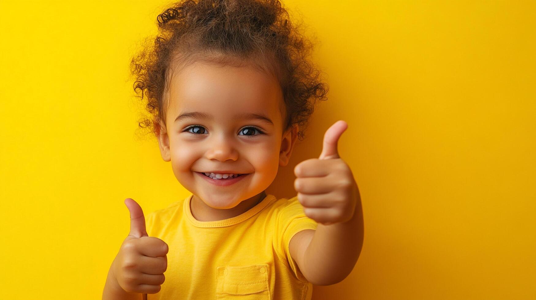 Happy toddler smiles and gives two thumbs up against a bright yellow background, radiating positivity and joy in a simple, cheerful portrait. photo