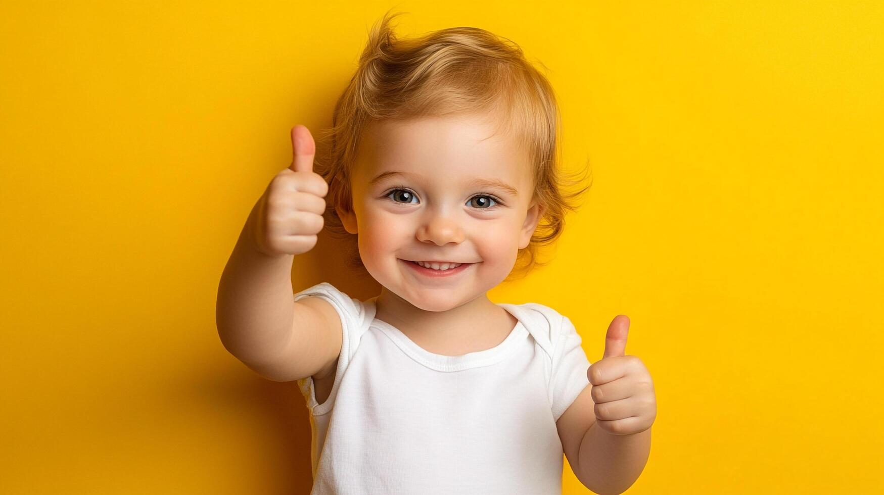 Adorable toddler gives two thumbs up with a bright smile, set against a vibrant yellow background. photo