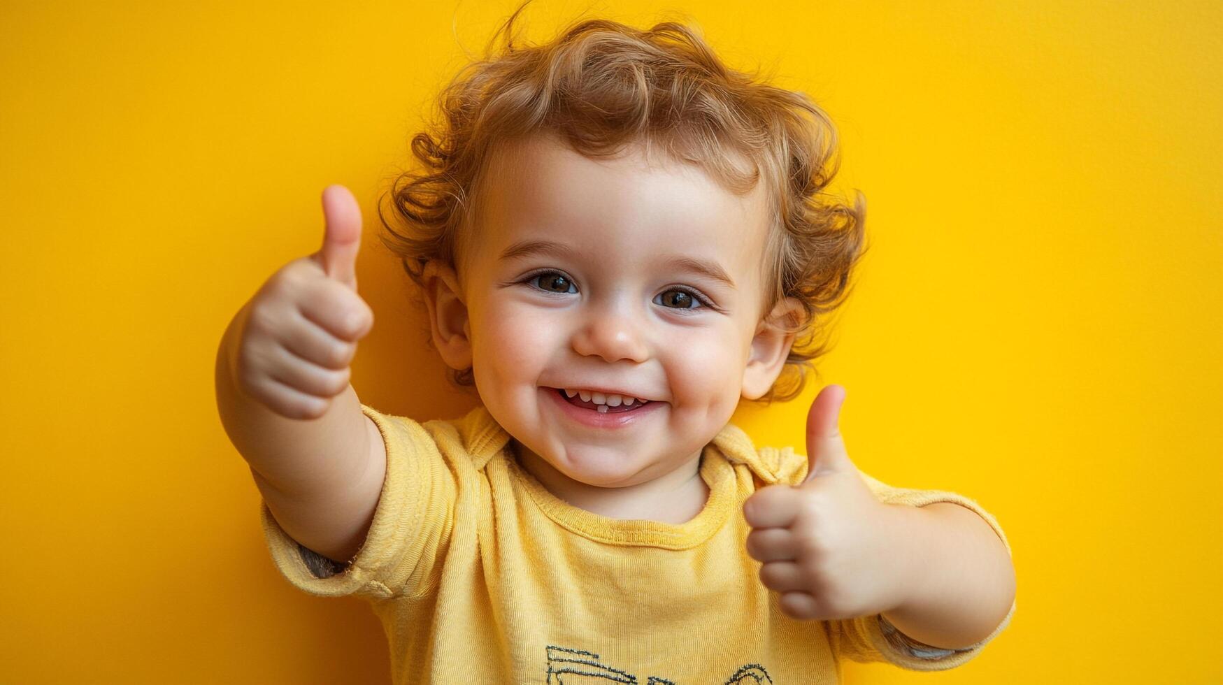 Cheerful baby on yellow backdrop. A delightful and bright image of a happy toddler giving two thumbs up. Expressing positivity and joy. photo