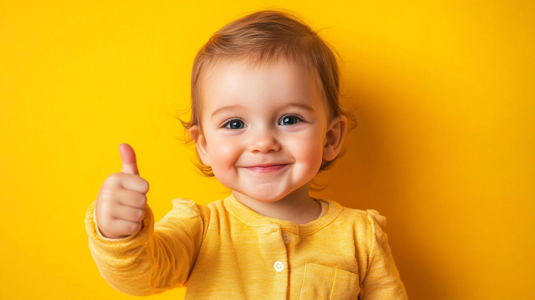 Adorable baby expressing approval with a thumbs up against a vibrant yellow backdrop, radiating joy and positivity. Child development concept. photo