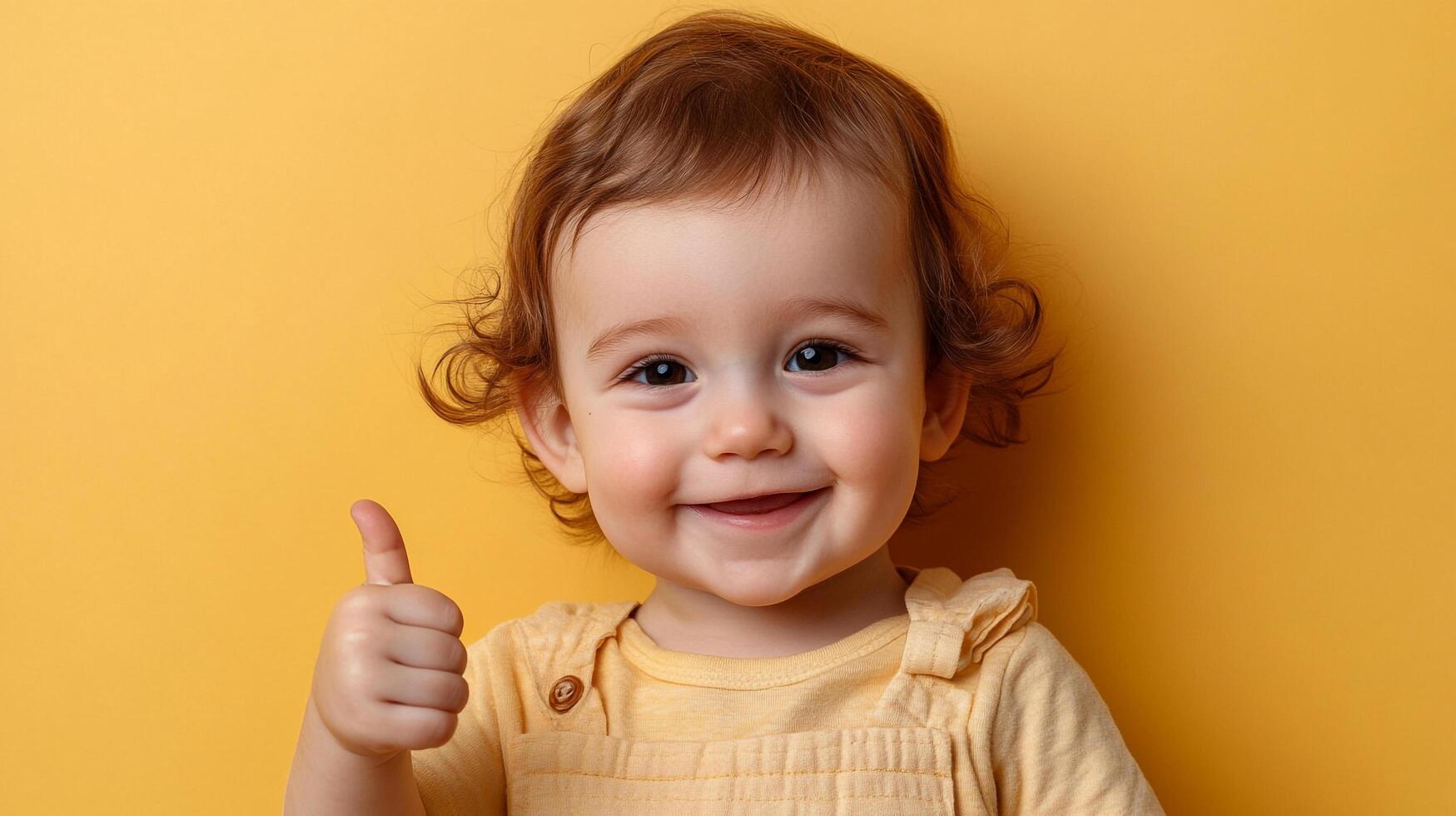 Adorable toddler with a joyful expression, giving a thumbs-up against a bright yellow backdrop. Positive and happy energy radiates from the child. photo