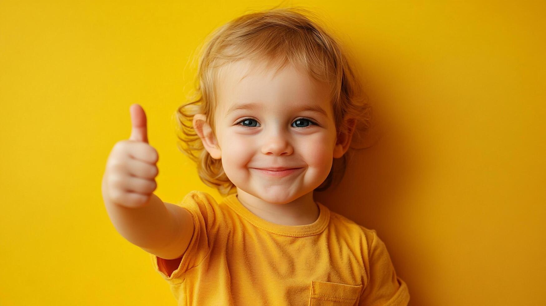 Cute toddler giving thumbs up with a bright smile, radiating positivity and cheerful energy against a vibrant, sunny backdrop. photo