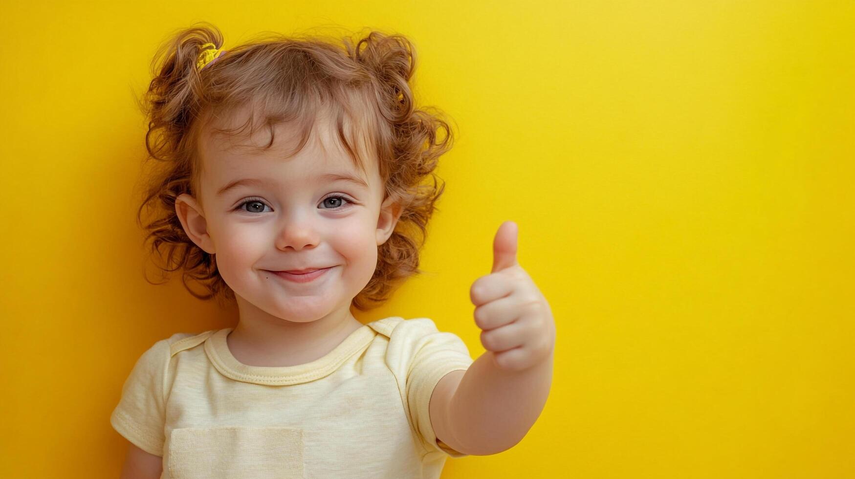 Cheerful toddler gives a thumbs-up on yellow backdrop, radiating pure joy and positivity with a delightful expression and curly hair. photo