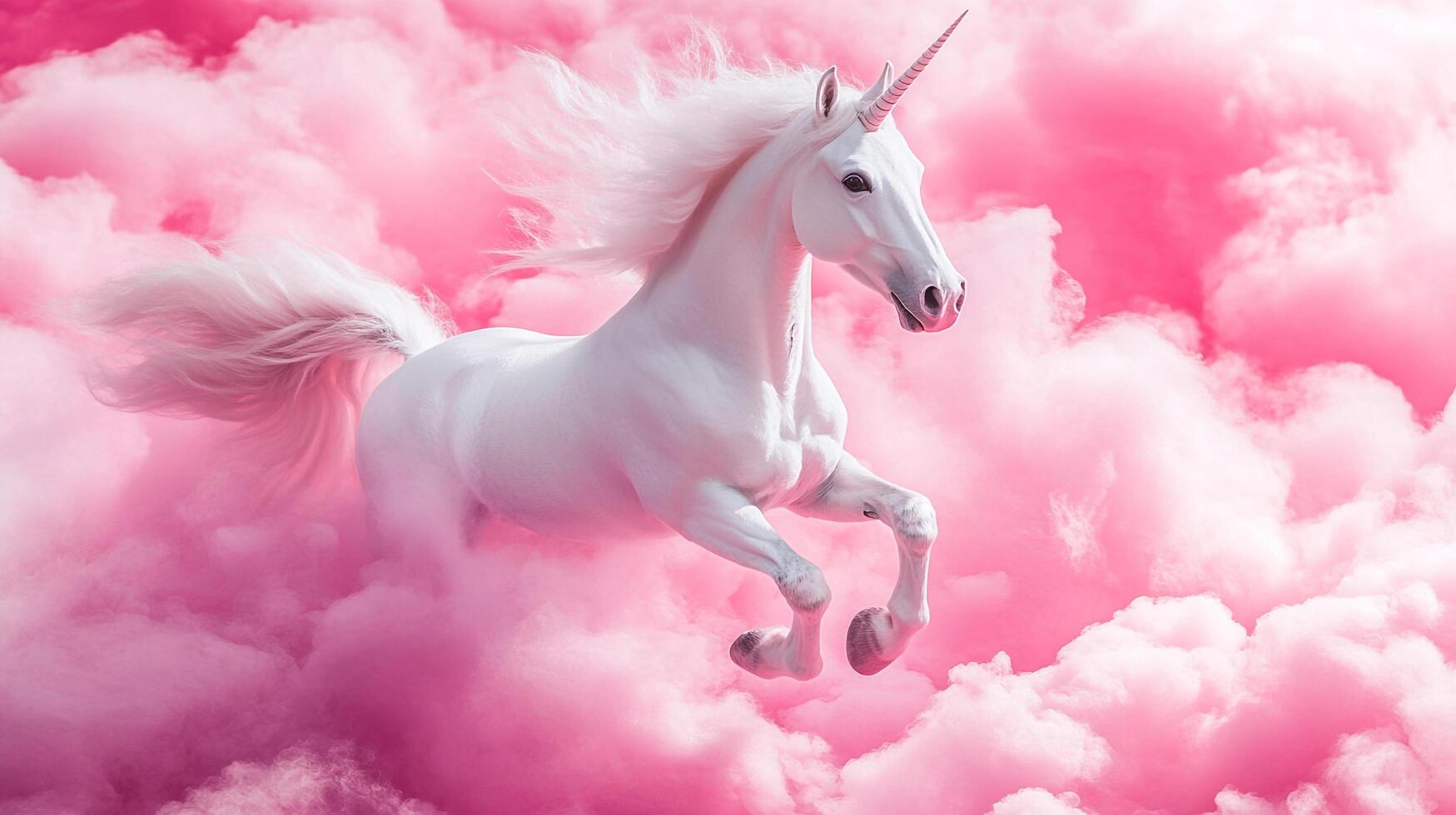 Ethereal unicorn leaps through a sea of dreamy pink clouds, radiating magic and fantasy. A symbol of purity and graceful power. photo