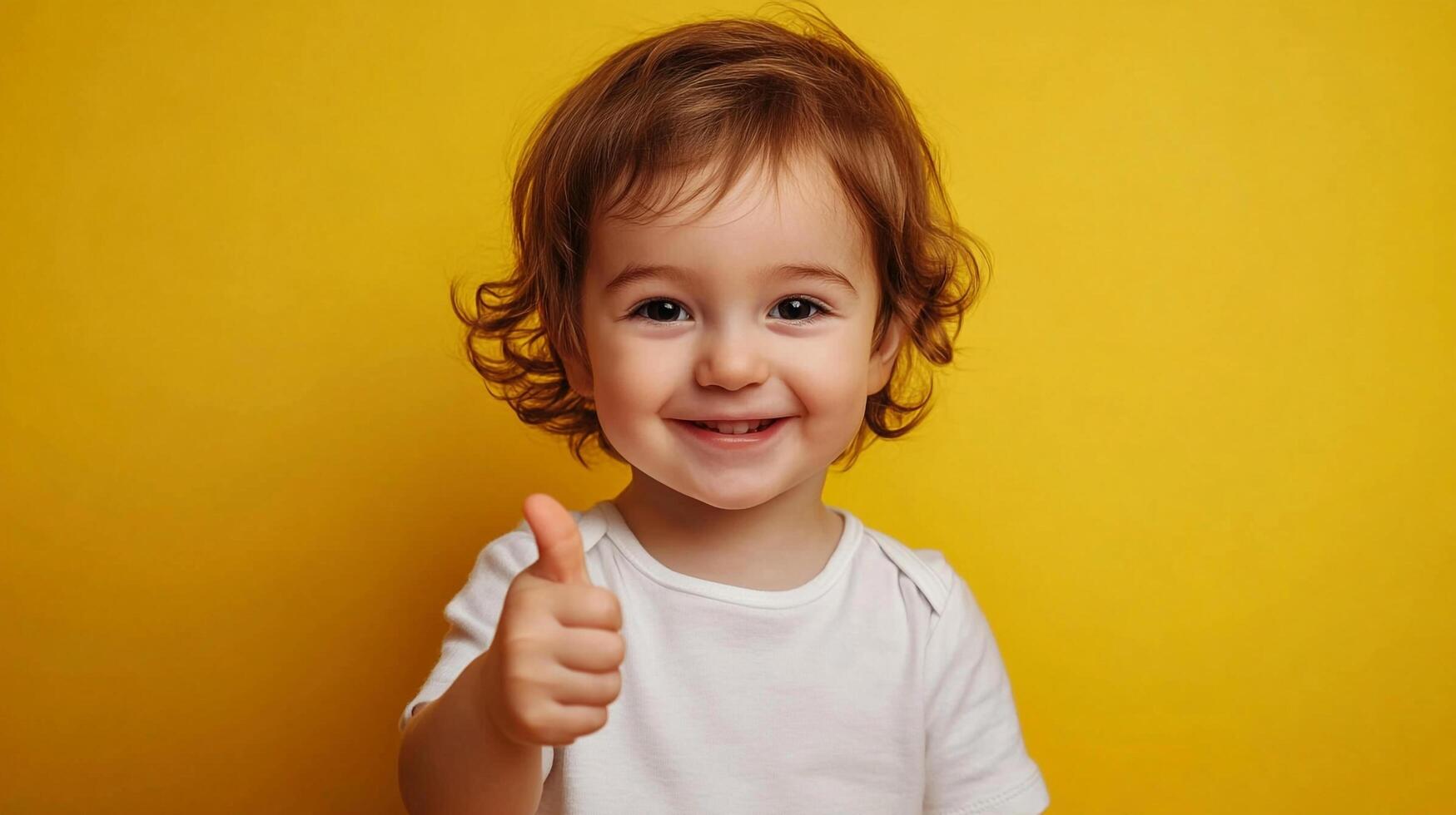 Cheerful toddler gives a thumbs up on bright yellow background, radiating joy and positivity with a happy smile, perfect for kids content. photo