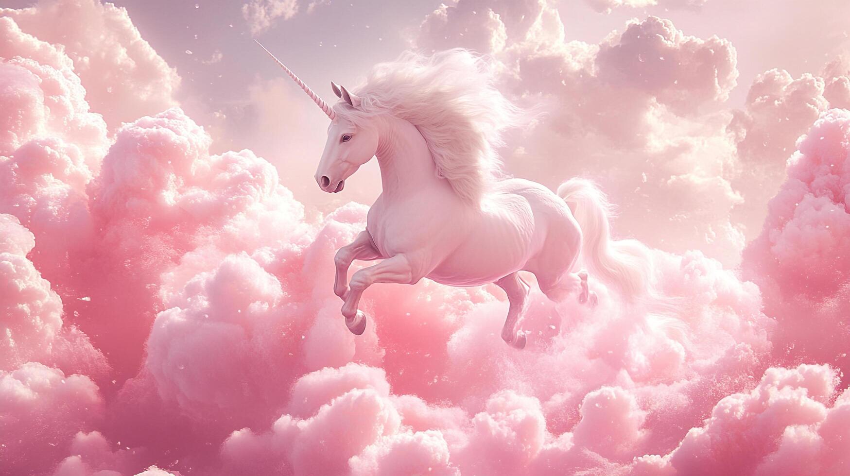 A graceful unicorn leaps through pastel pink clouds, a mythical creature in a dreamy, ethereal realm. Symbolizing purity and magic. photo