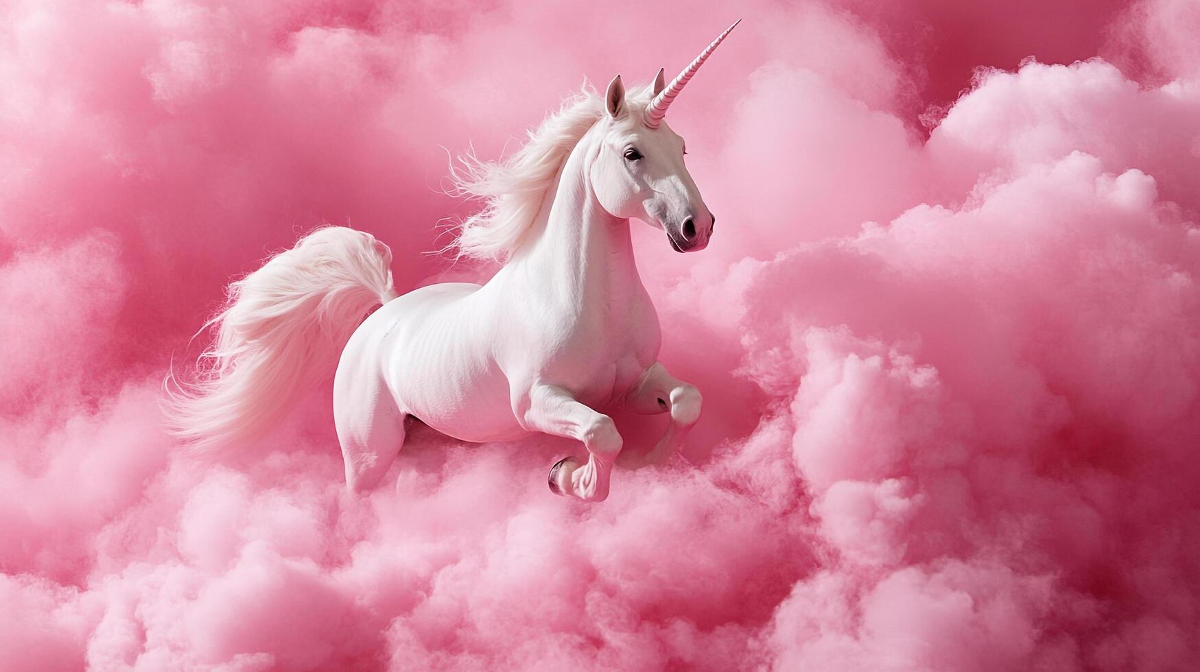Majestic unicorn in a pink cloudscape. Graceful, powerful, and enchanting, embodying fantasy and imagination in a surreal setting. photo