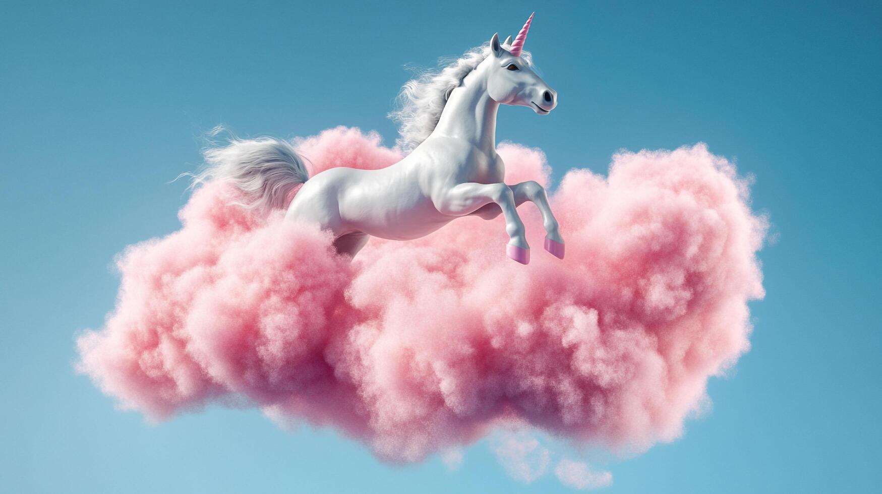 A pristine white unicorn leaps joyfully from a puffy pink cloud against a serene blue sky, embodying magic and whimsical freedom. photo