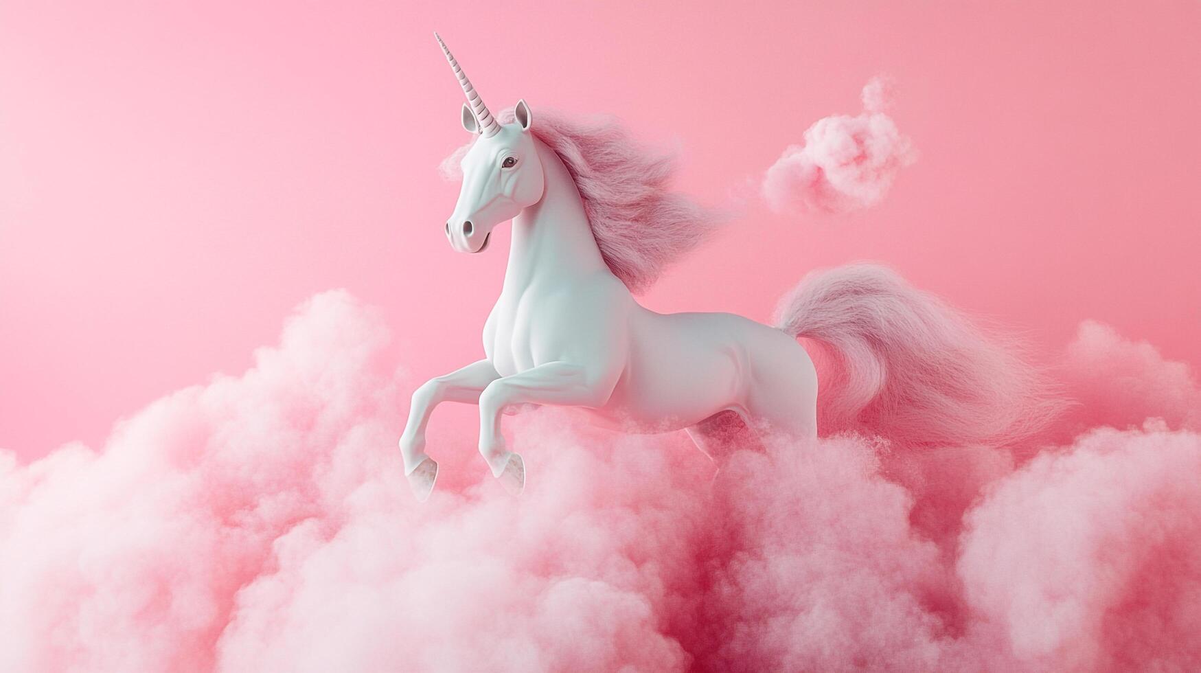 Majestic unicorn prances amidst soft pink clouds, its horn gleaming, embodying fantasy and dreams against a pastel backdrop. photo