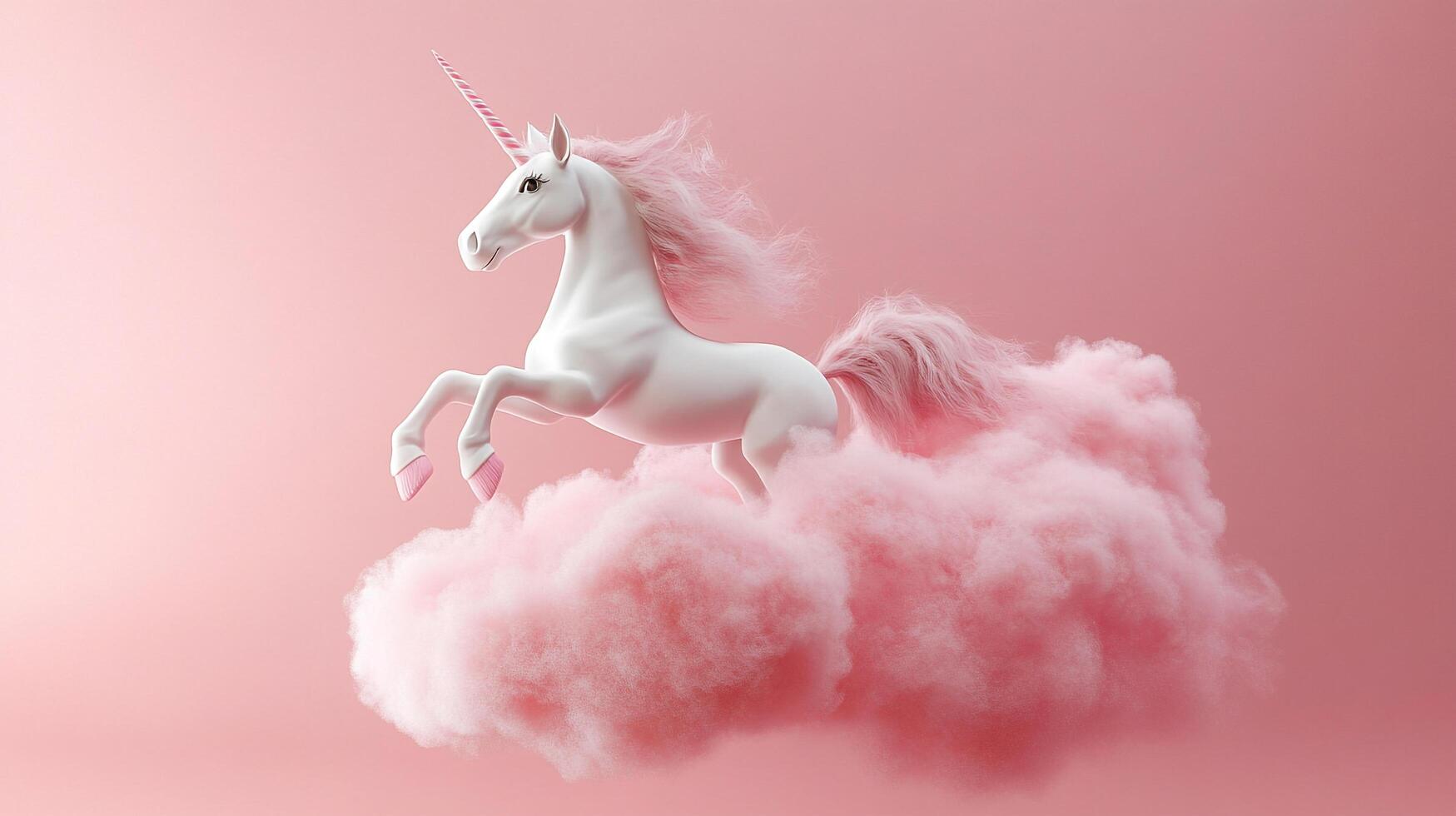 A rearing unicorn on a pink cloud with a pink background evokes magical fairytale themes. The scene is surreal and whimsical. photo