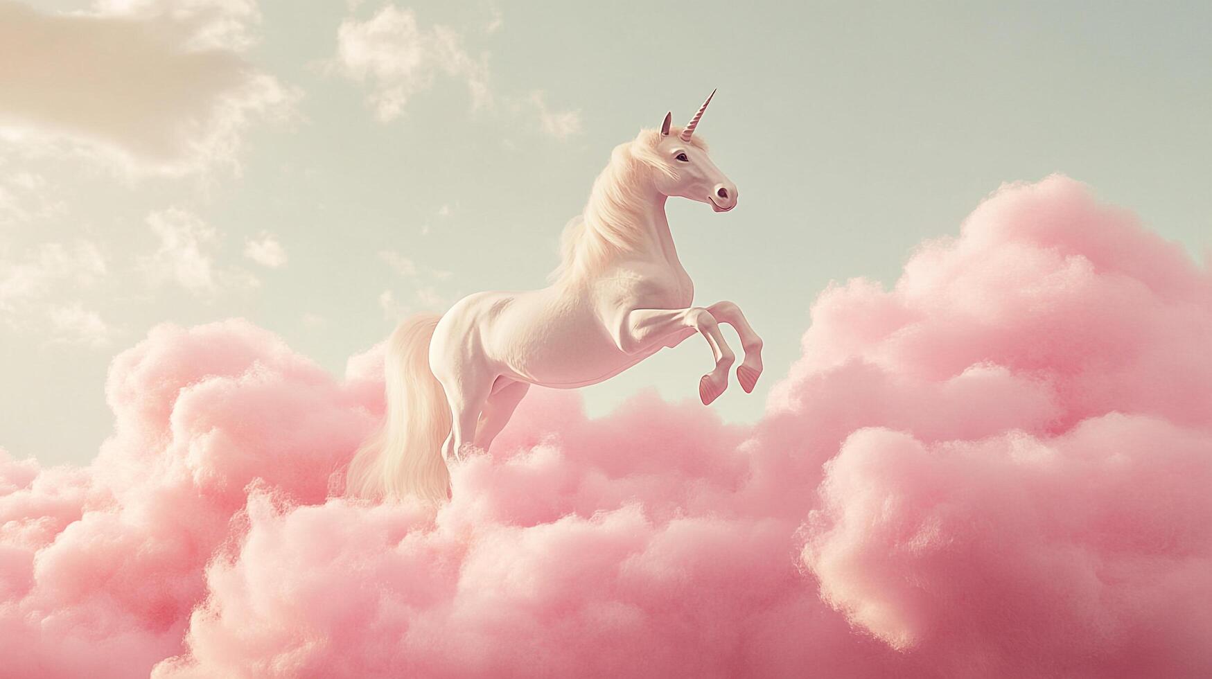 Ethereal unicorn leaps from pink clouds against a dreamy sky, embodying fantasy and grace in a whimsical celestial scene. photo