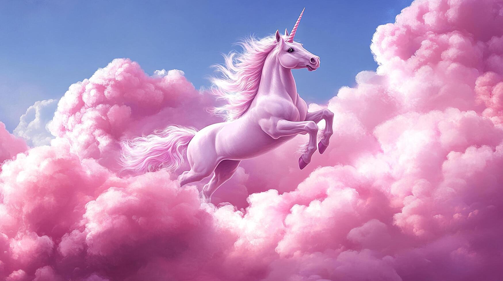 Majestic unicorn amidst soft pink clouds, under a clear blue sky, creating a dreamy and ethereal fantasy realm. photo