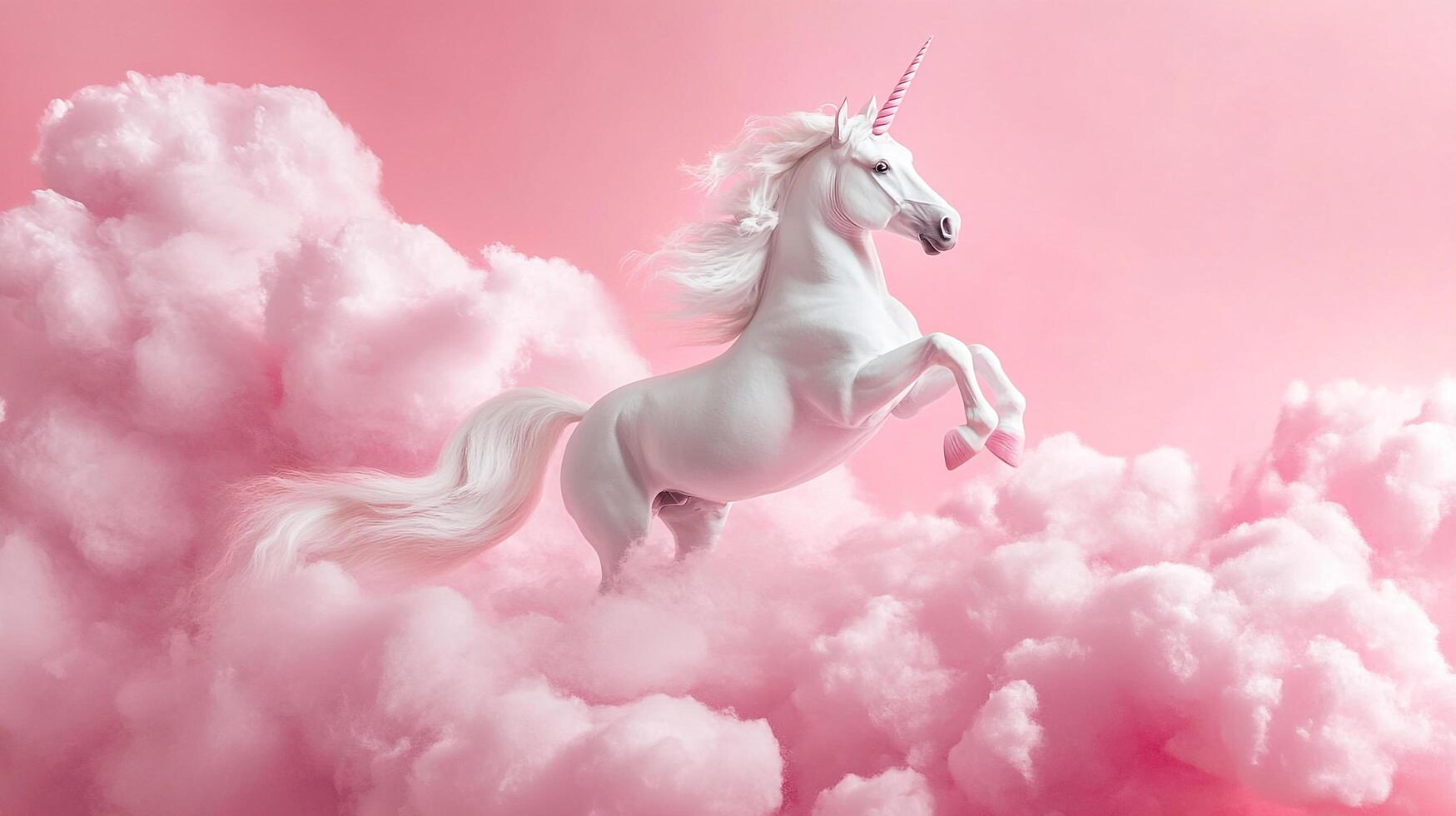 Elegant unicorn prances gracefully amidst fluffy, pink clouds, exuding magical charm and whimsical beauty against a soft pink backdrop. photo