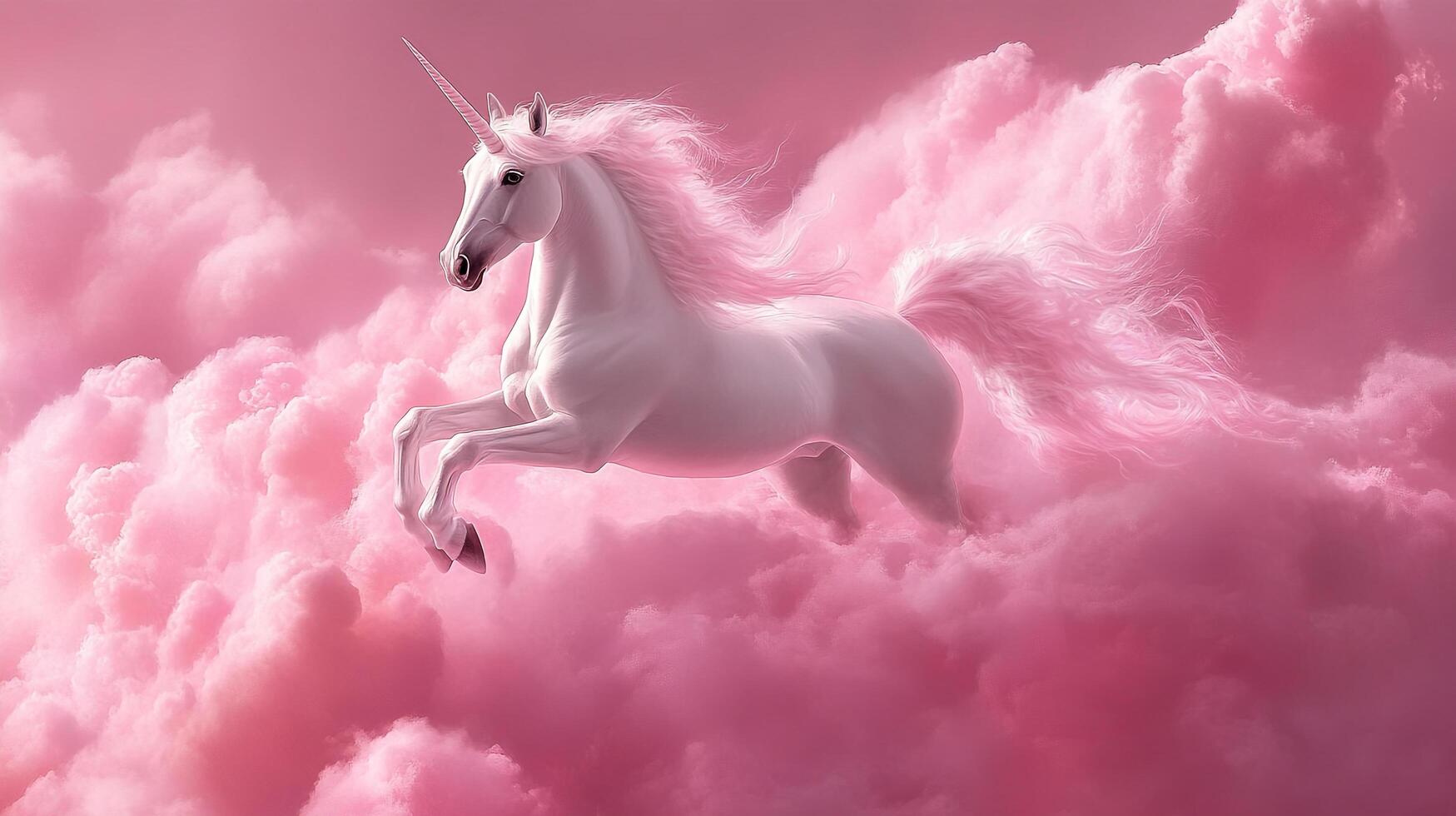 Majestic unicorn leaping through a sea of pink clouds, creating a dreamy and ethereal fantasy scene. Magical creature in pink paradise. photo