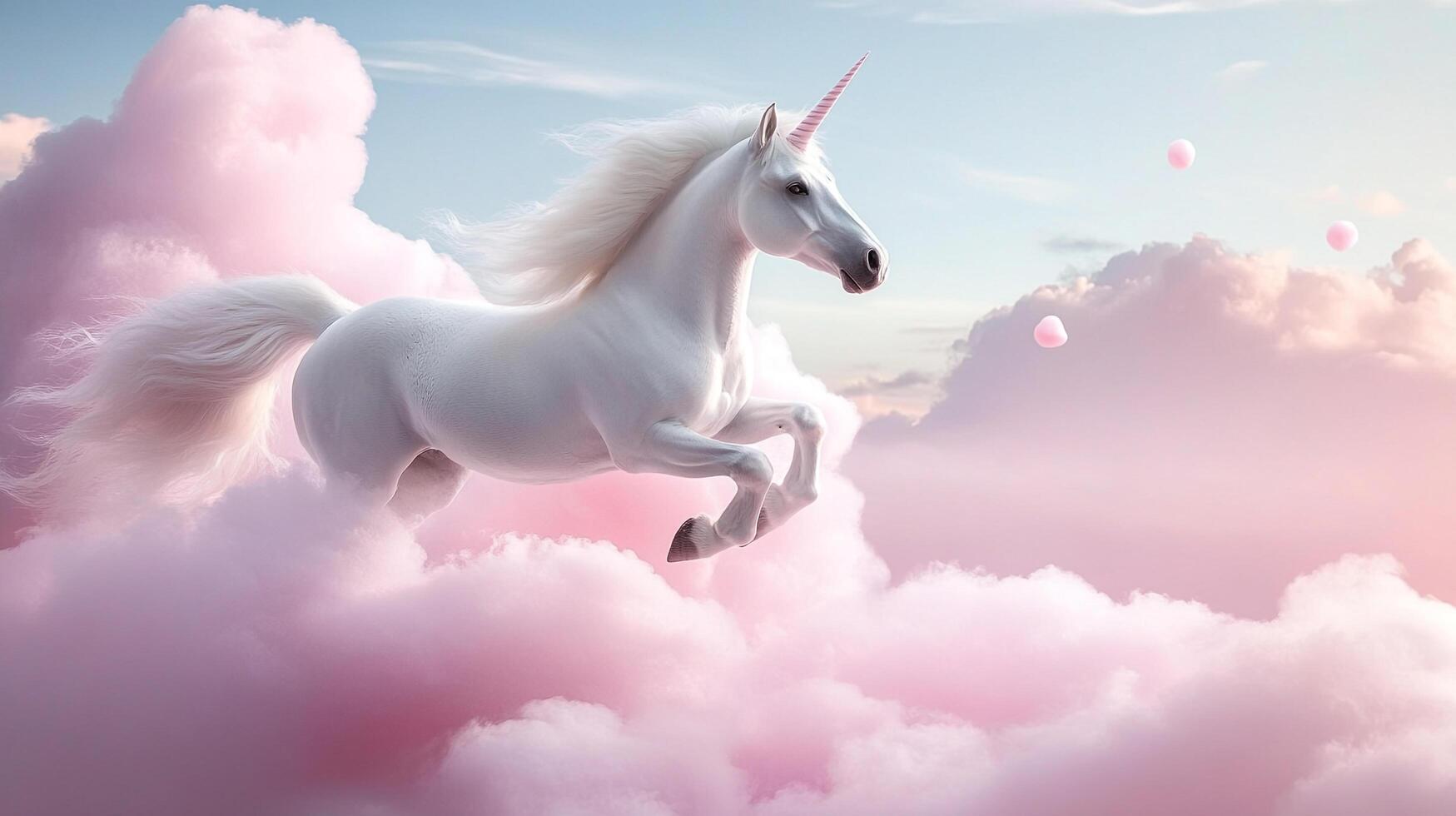 Majestic unicorn leaps through pastel pink clouds, evoking dreams and fantasy, a vision of ethereal beauty against a serene sky. photo