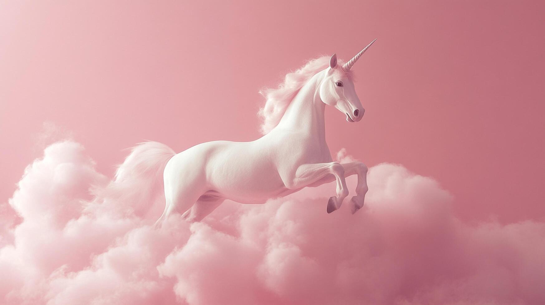 A majestic unicorn leaps through soft pink clouds, its horn gleaming in the gentle light. Fantasy and beauty intertwine in this ethereal scene. photo