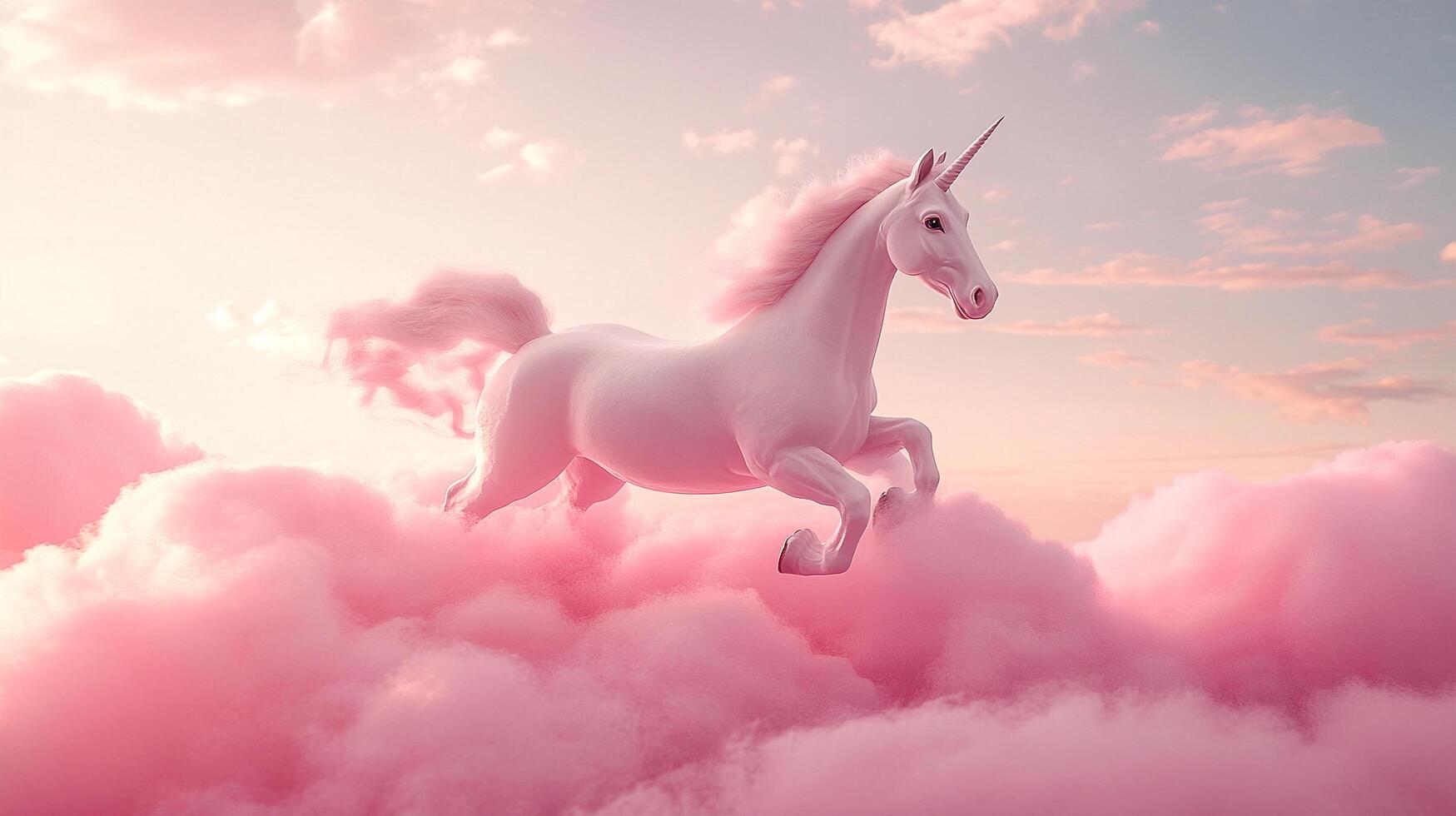 A majestic unicorn gallops through soft pink clouds beneath a pastel sky, radiating enchantment and whimsical beauty, captured dreamily. photo