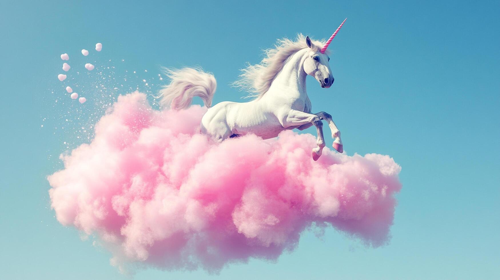 Majestic unicorn prances on a pink cloud against a vibrant blue sky, embodying fantasy and wonder. Hearts and sparkles add a magical touch. photo
