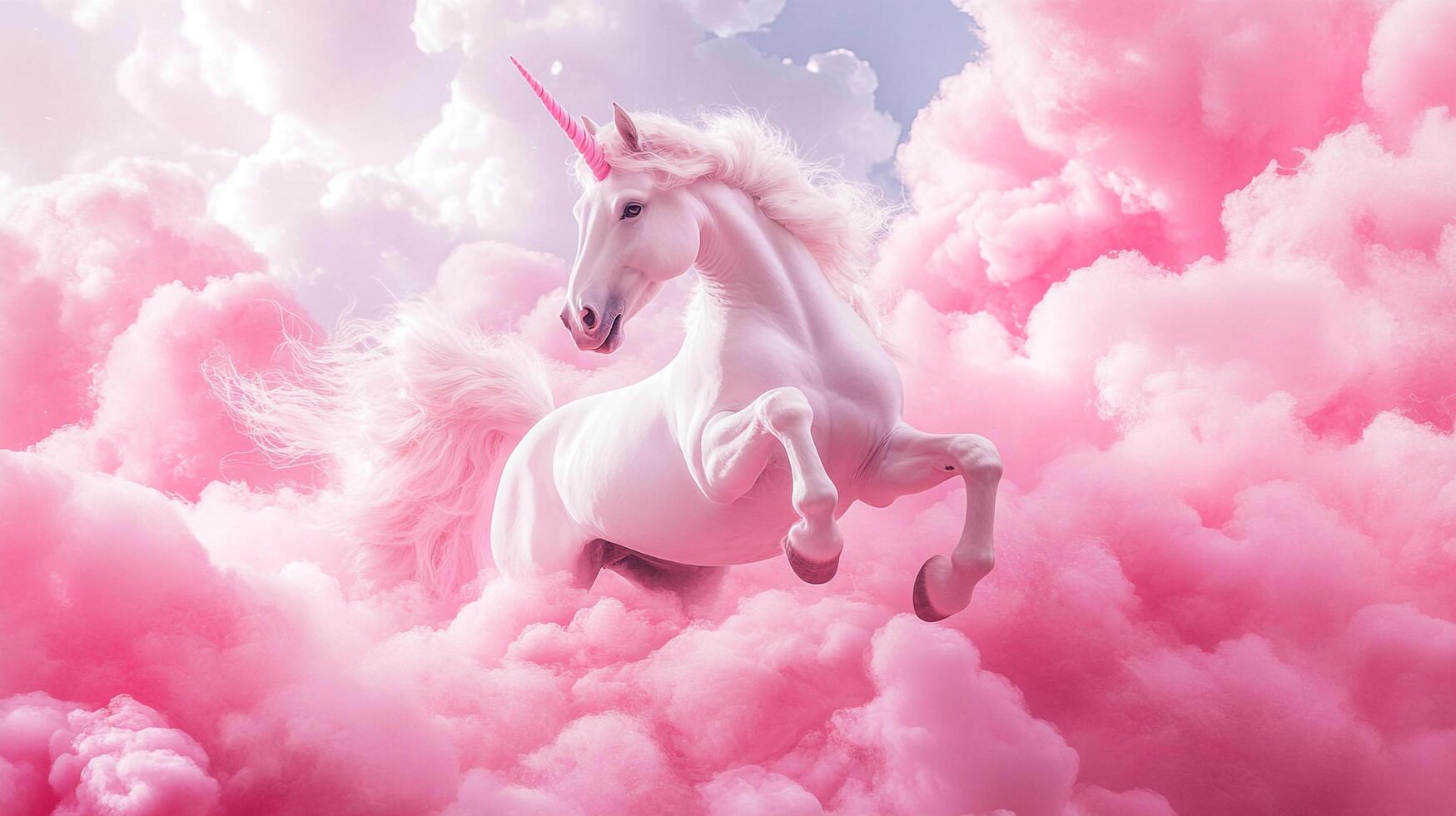 A majestic white unicorn leaps through fluffy pink clouds against a soft sky, embodying magic and grace in a dreamlike scene. photo
