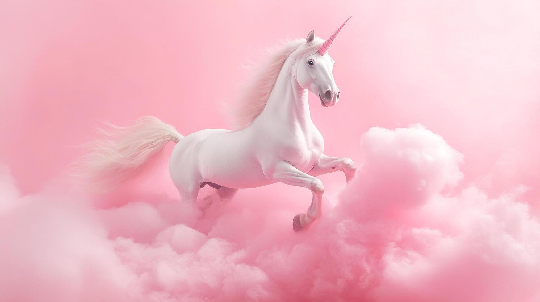 An ethereal white unicorn leaps joyously through fluffy pink clouds, embodying magic, dreams, and whimsical fantasy. A vision of pure beauty. photo