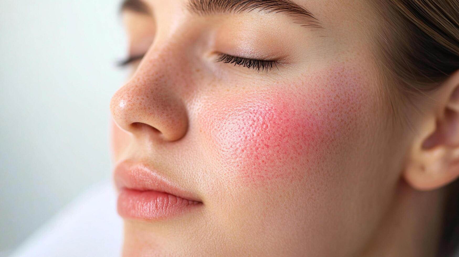 Close-up of a woman's face showing skin redness, likely rosacea, under soft lighting, emphasizing sensitive skincare and facial health. photo