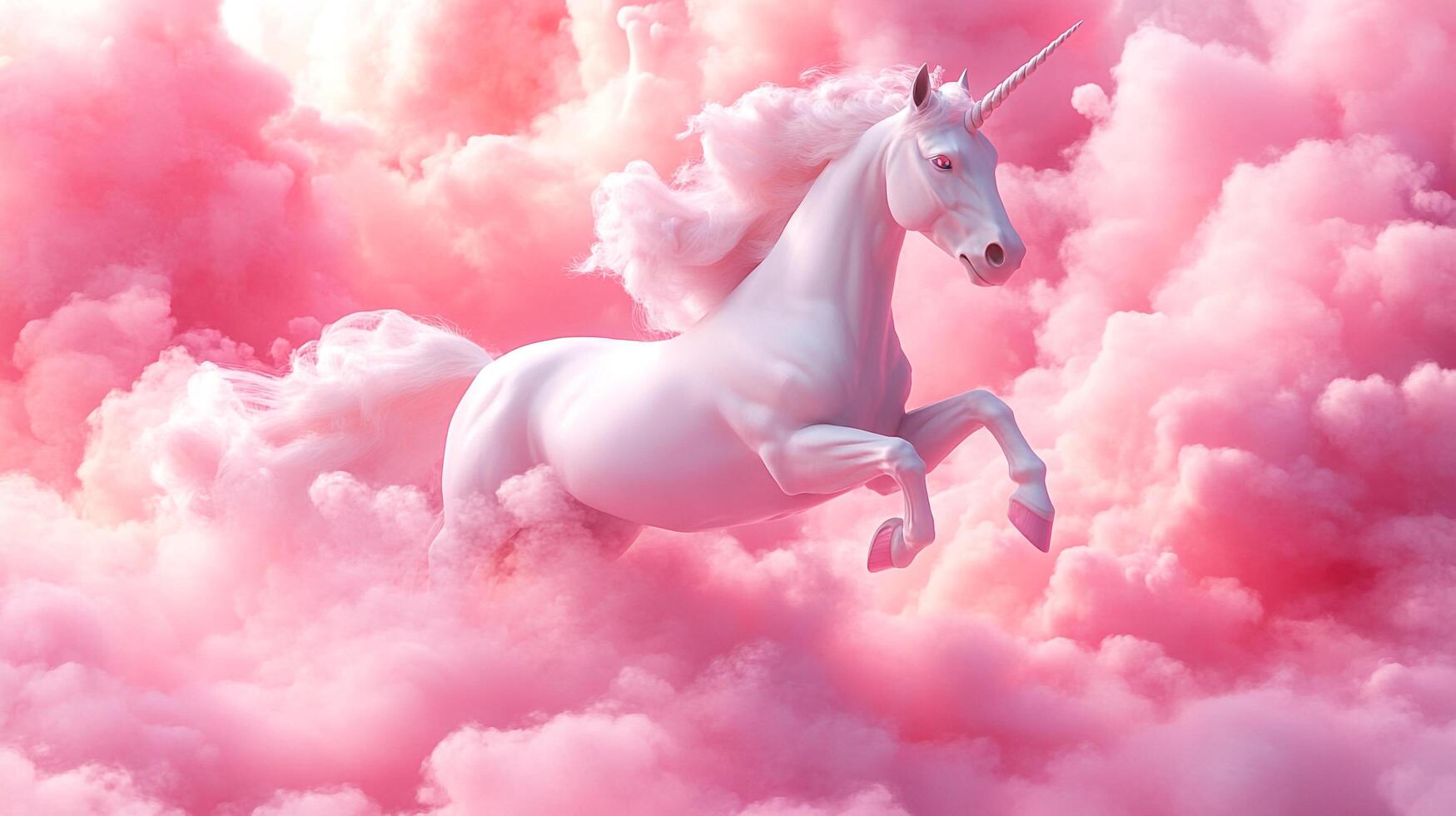 Majestic unicorn prances through pastel pink clouds, embodying fantasy and ethereal beauty. Symbol of dreams and enchantment. photo
