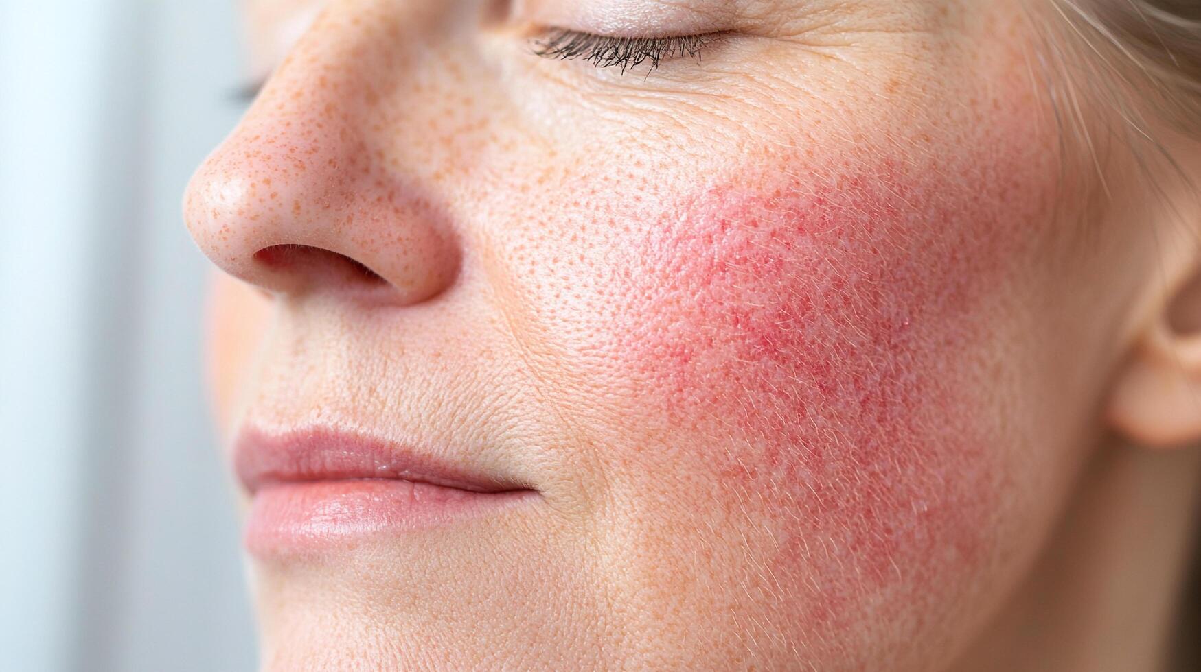 Close-up of a woman's face, featuring visible redness on her cheek, possibly indicating skin sensitivity or a specific skin condition. photo