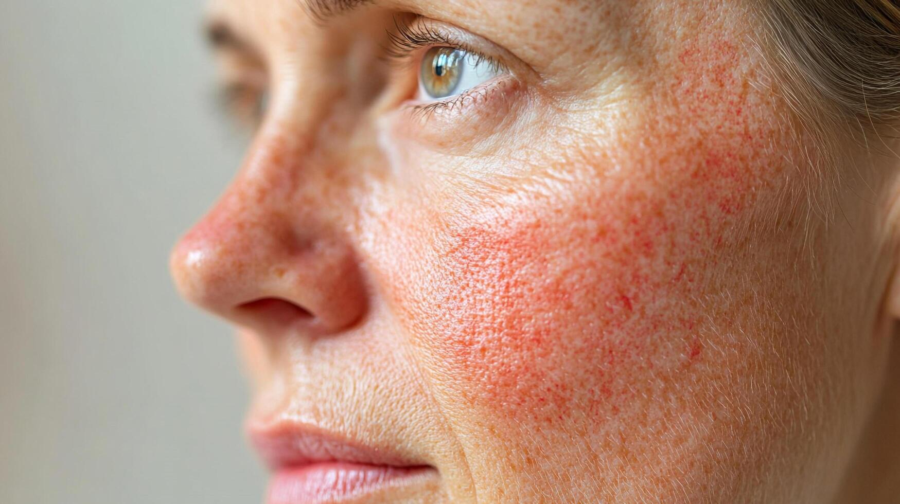 Close-up of a woman's face, showing redness and inflammation, possibly related to a skin condition like rosacea or eczema. photo