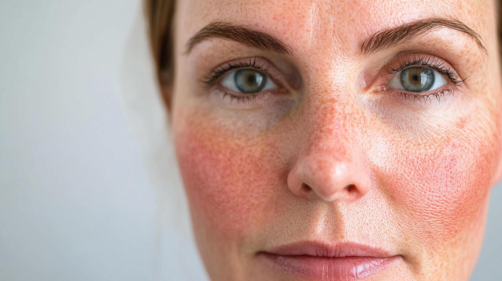 Close-up of a woman's face with skin redness and freckles, showcasing skin condition and natural complexion details against a plain background. photo