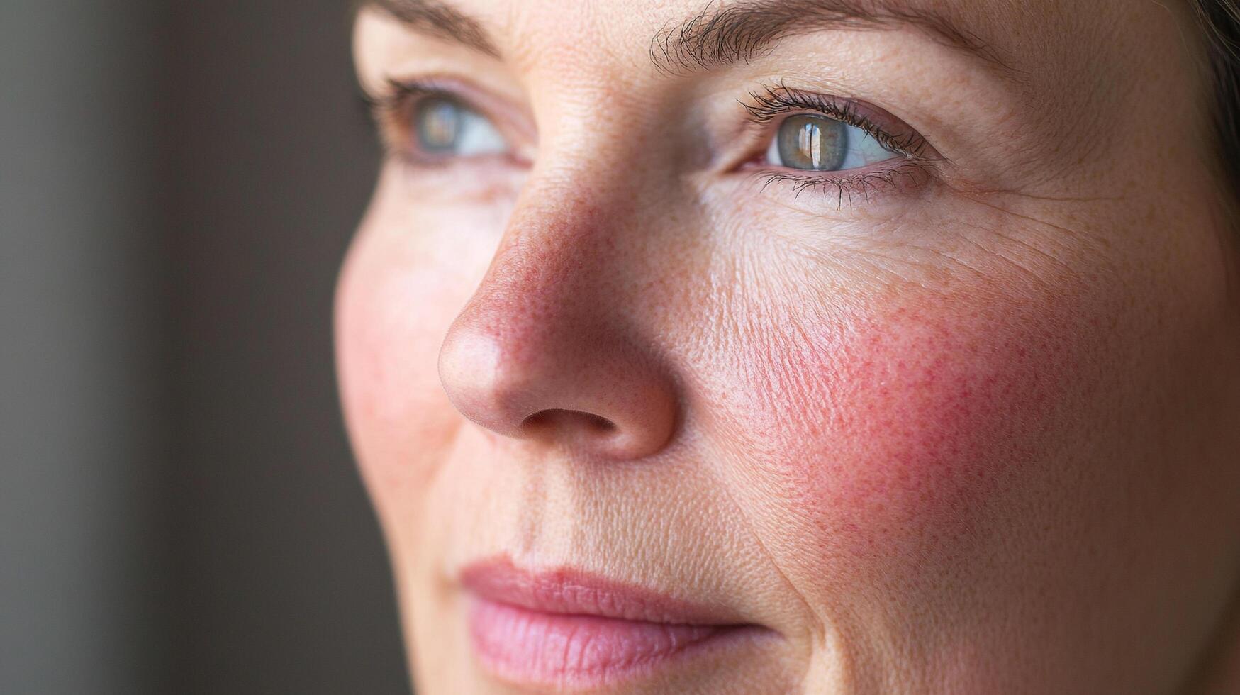 Close-up of woman's face showing skin redness, possibly due to rosacea or a skin condition, with a focus on delicate facial features. photo