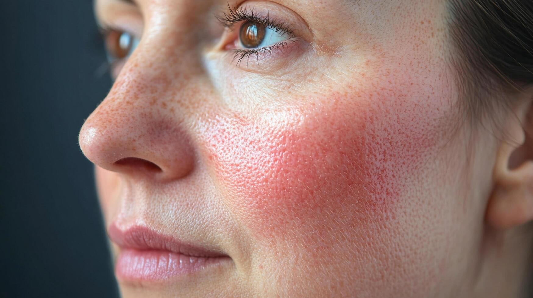 Close-up of a woman's face showing rosacea symptoms, visible redness and inflammation on the cheeks and nose skin with slight freckles. photo