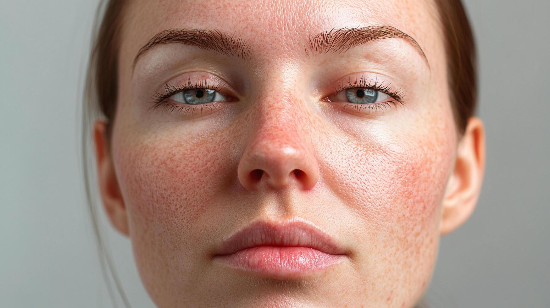 Close-up of a young woman's face with rosacea, showcasing skin redness, flushing, and visible blood vessels on cheeks and nose. photo